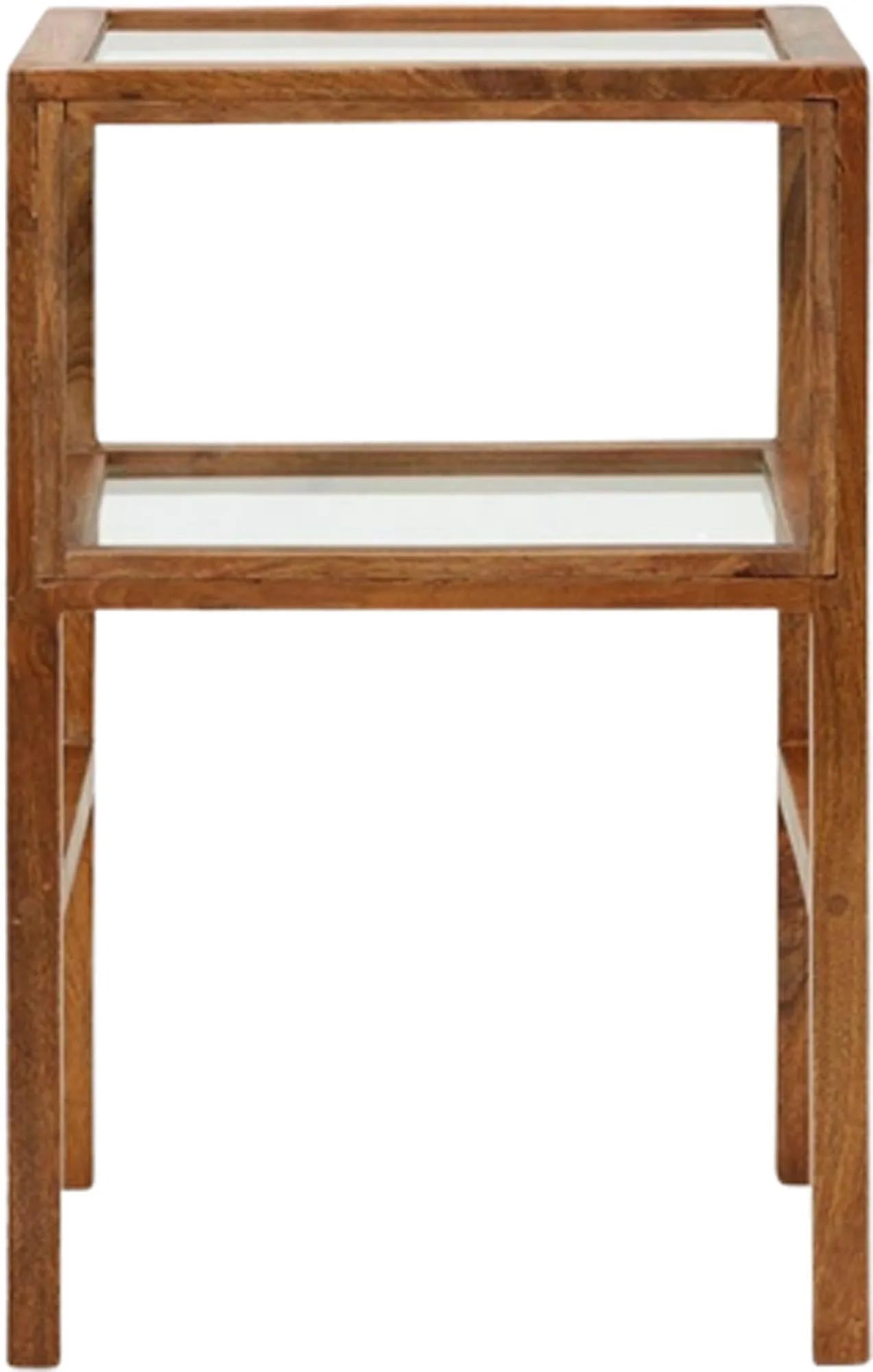 Eleganter Beistelltisch aus Glas und Mangoholz, ideal als Vitrine oder Konsole im Wohnzimmer.