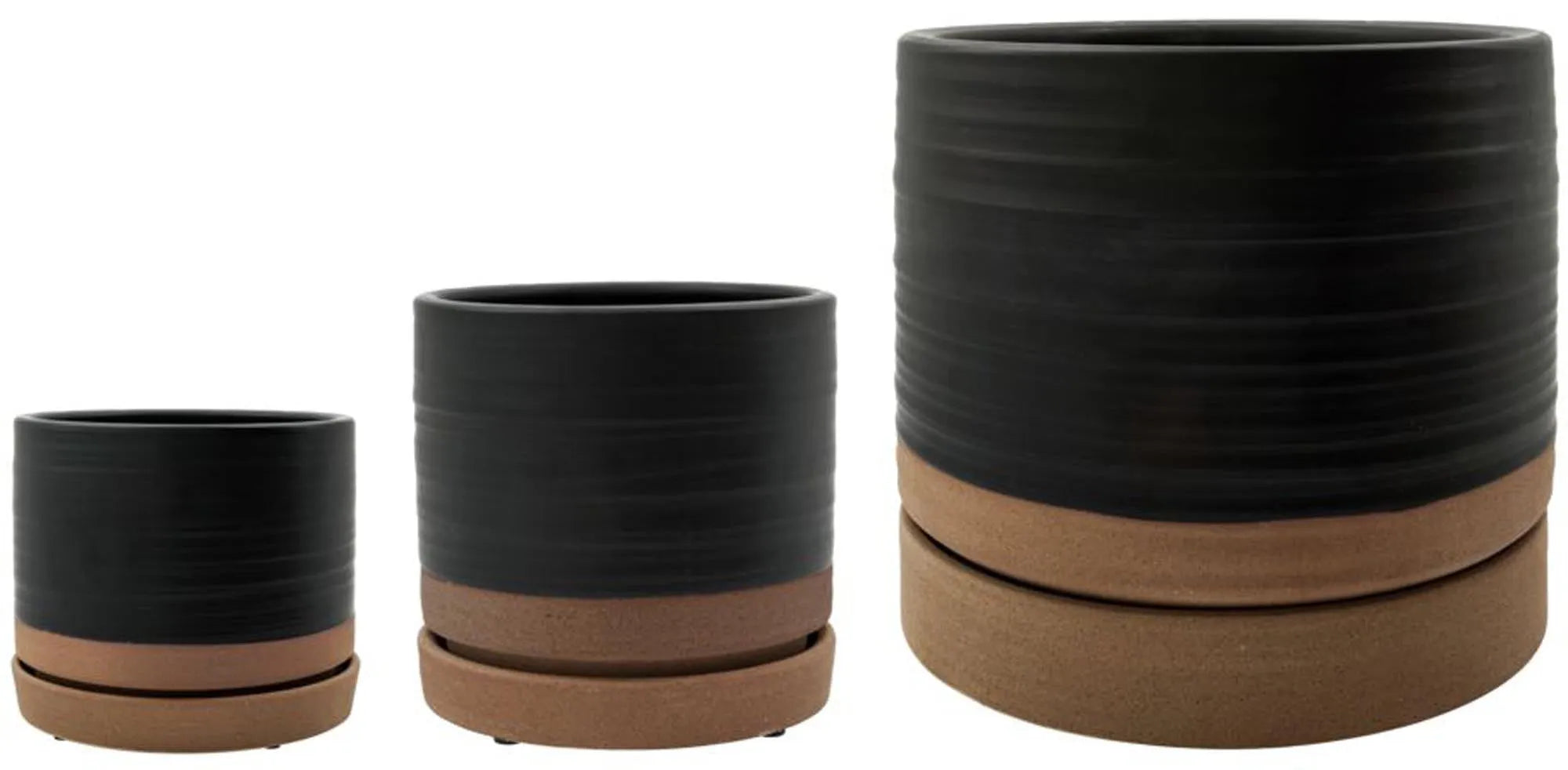 Astu Blumentopf-Set: 3 Steingut-Töpfe in Schwarz-Sand, modern & vielseitig, für stilvolle Pflanzendekoration.