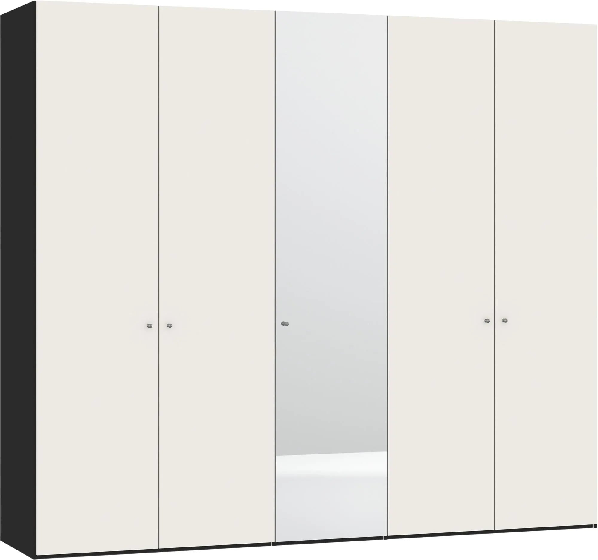 Eleganter 5-türiger Drehtürenschrank in Cremeweiß mit Spiegel, individuell konfigurierbar, stabil und einfach aufzubauen.