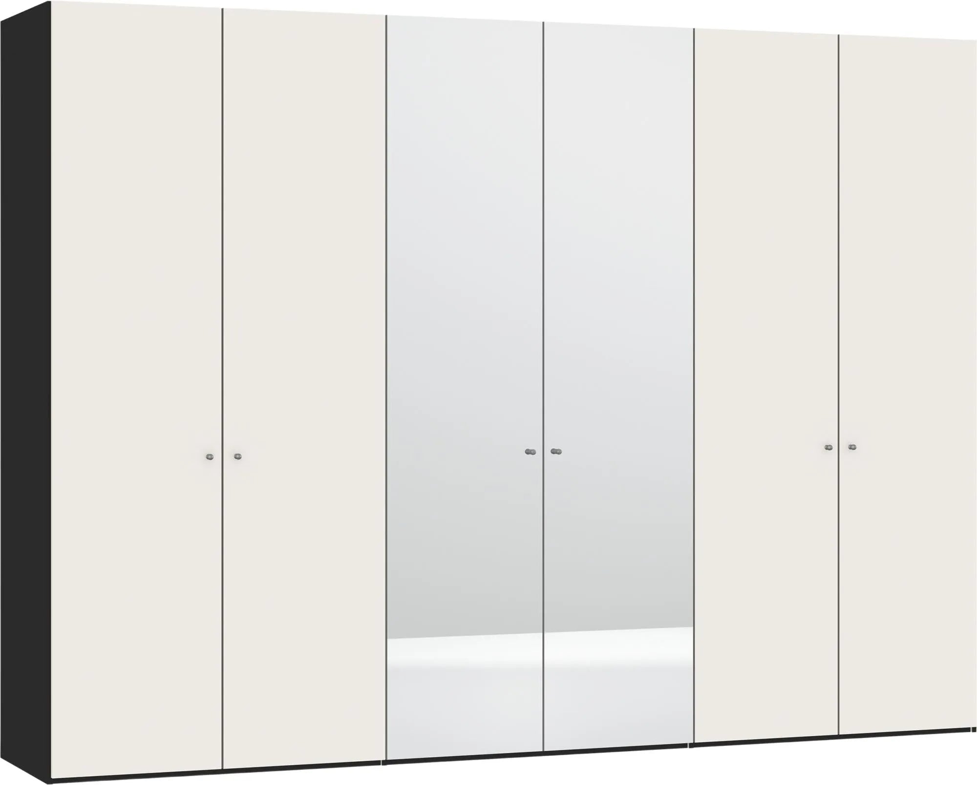 Eleganter 6-türiger Drehtürenschrank in Cremeweiß mit Spiegel, individuell konfigurierbar, stabil und einfach aufzubauen.