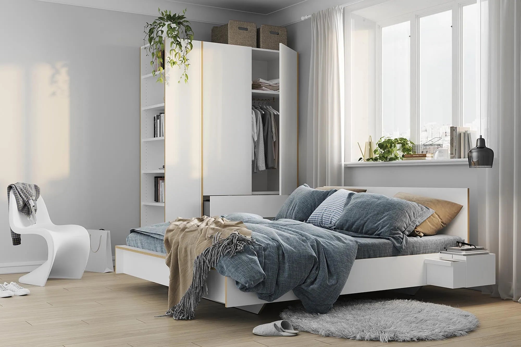 Modernes Flai Bett mit minimalistischem Design und Stauraumoption.