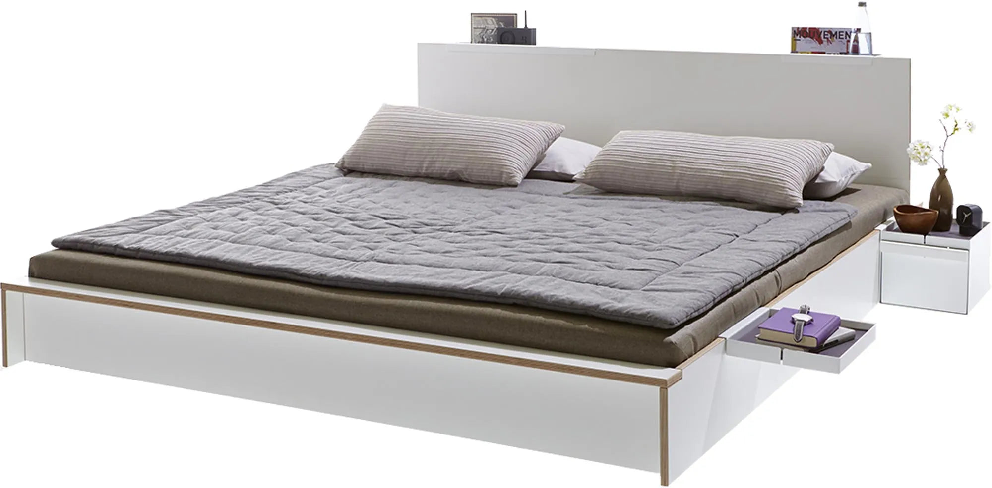 FLAI Doppelbett: Schwebendes Design, minimalistisch, in Weiß/Anthrazit, mit Kopfteil, Metallablagen, LED-Beleuchtung.