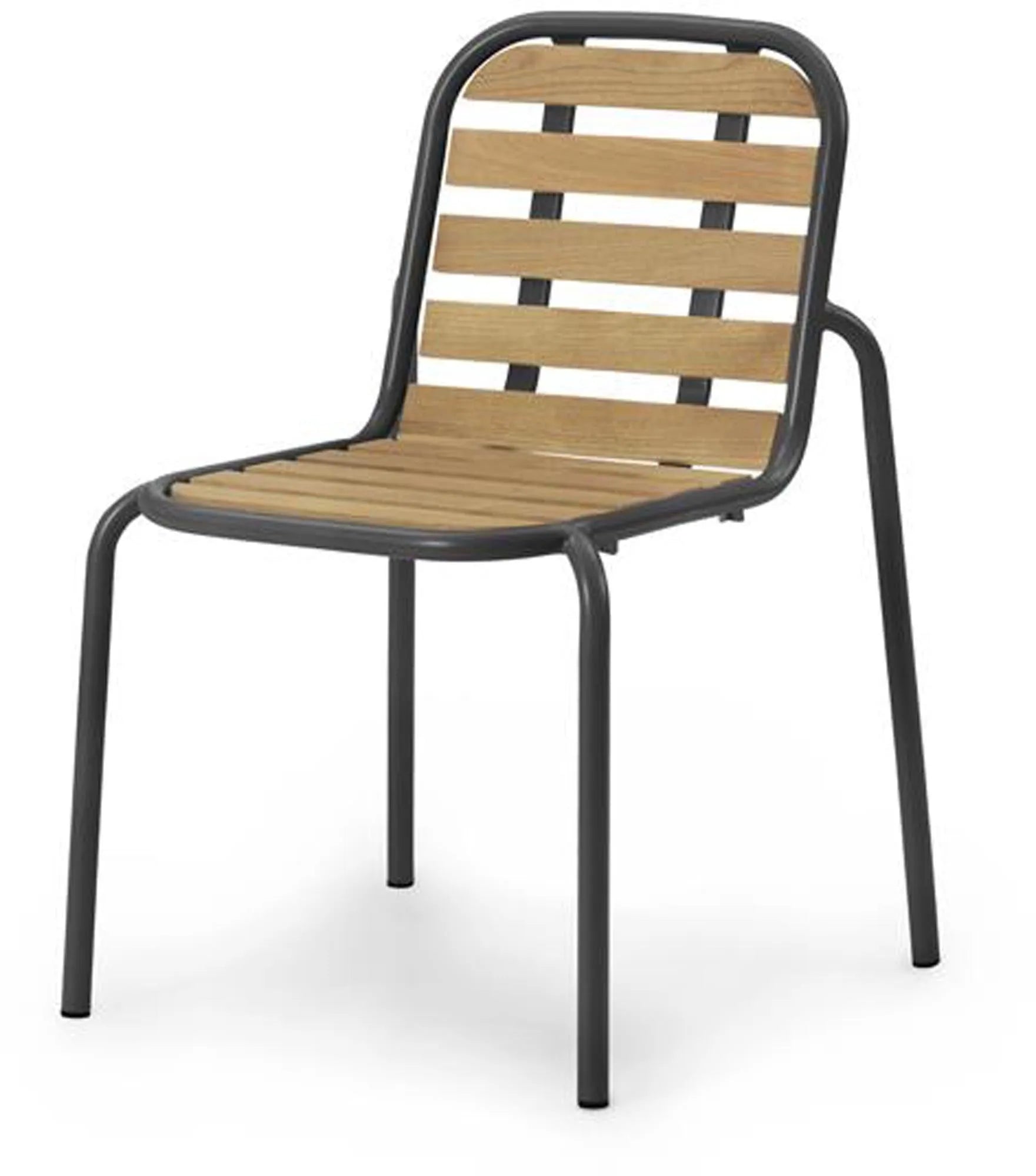 Der Vig Robinia Stuhl von Normann Copenhagen vereint stapelbares Design, robusten Stahl und langlebiges Robinienholz für stilvolle Outdoor-Sitzbereiche.