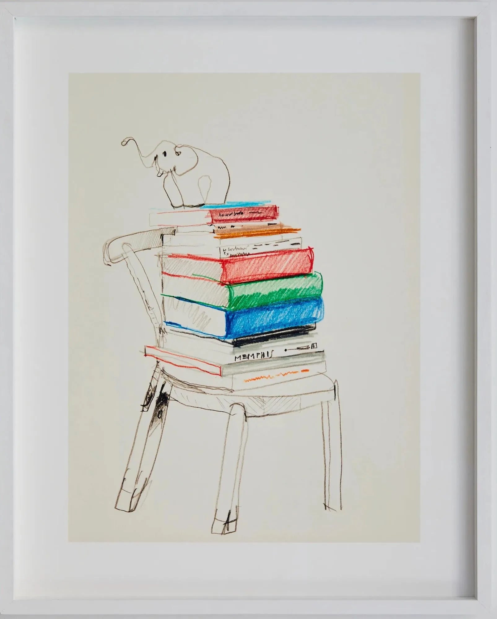 "Studio Life 04 Chair & Books" von Paper Collective: Ein gerahmter Kunstdruck, der Kunst und Design von Alfredo Häberli vereint.