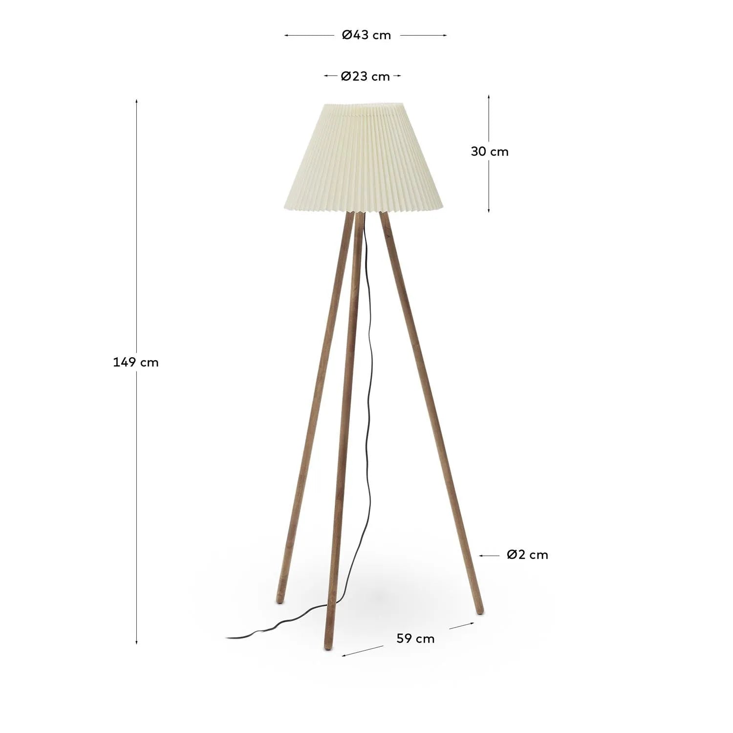 Elegante Stehlampe aus Kautschukholz mit beigem Schirm von Kave Home.