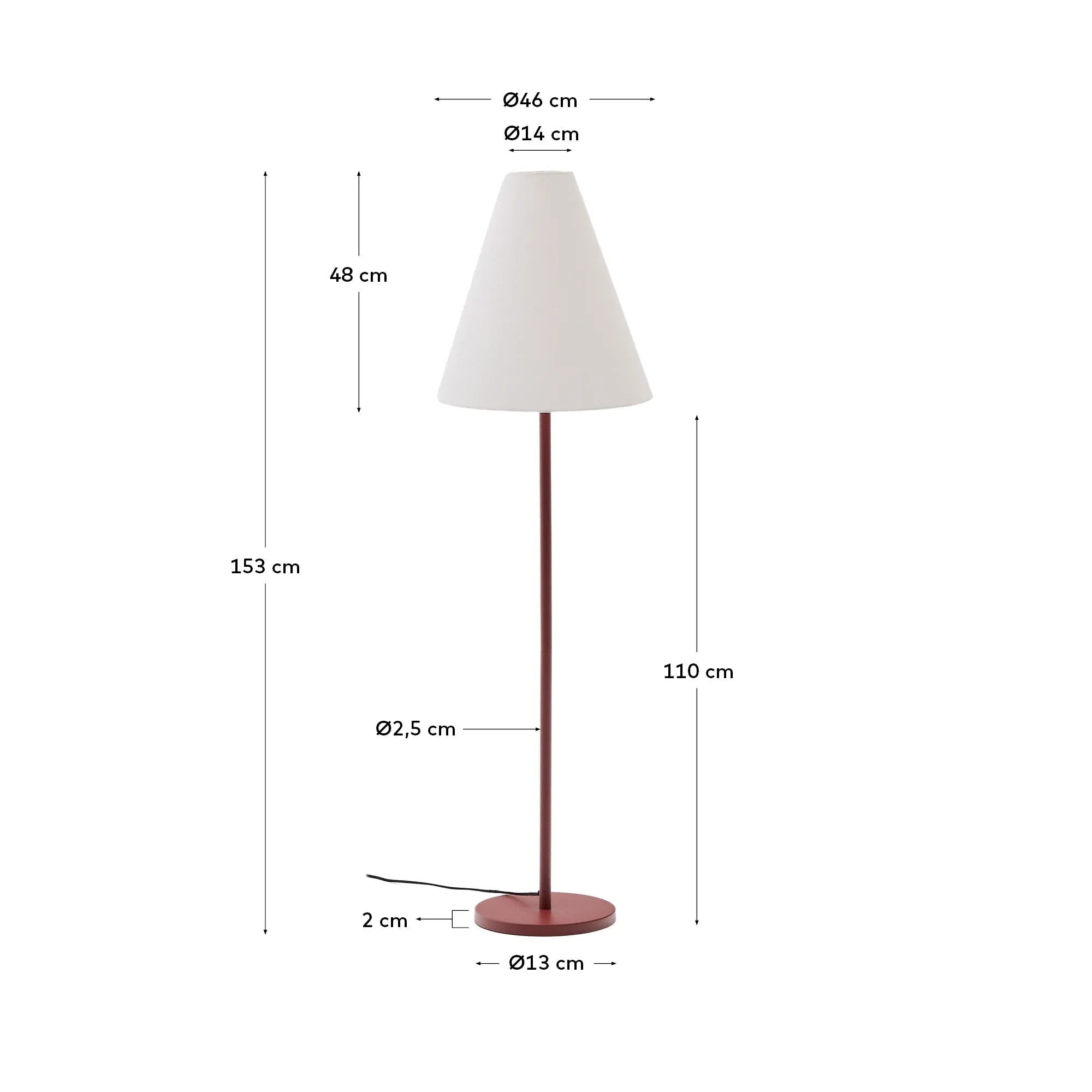 Elegante Stehlampe aus Metall mit Terrakotta-Finish, kombiniert mit Holzfuß für zeitlose Ästhetik und warme Beleuchtung.