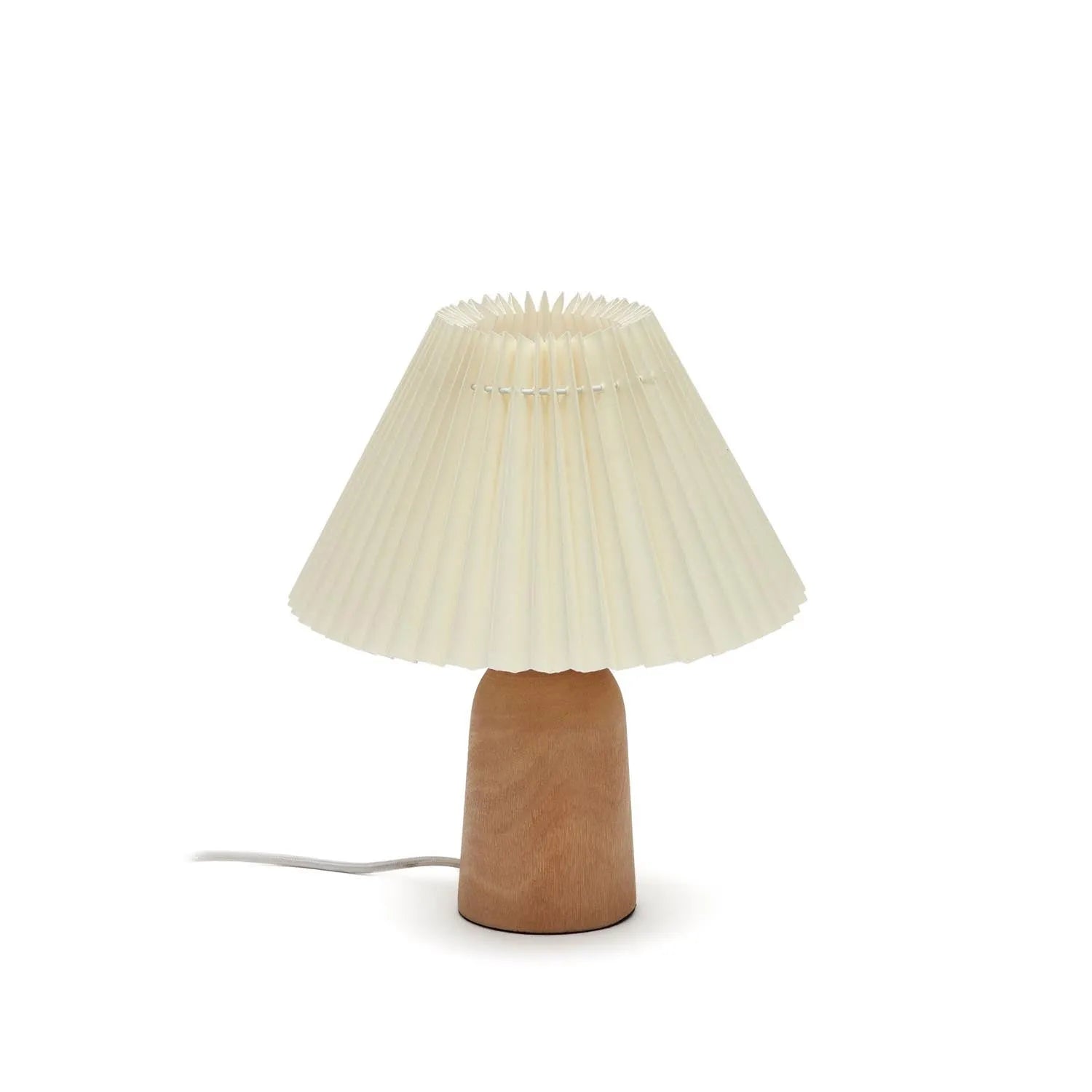 Elegante Benicarlo Tischlampe aus Holz in Natur und Beige, mit Plisseeschirm für gemütliche Beleuchtung.