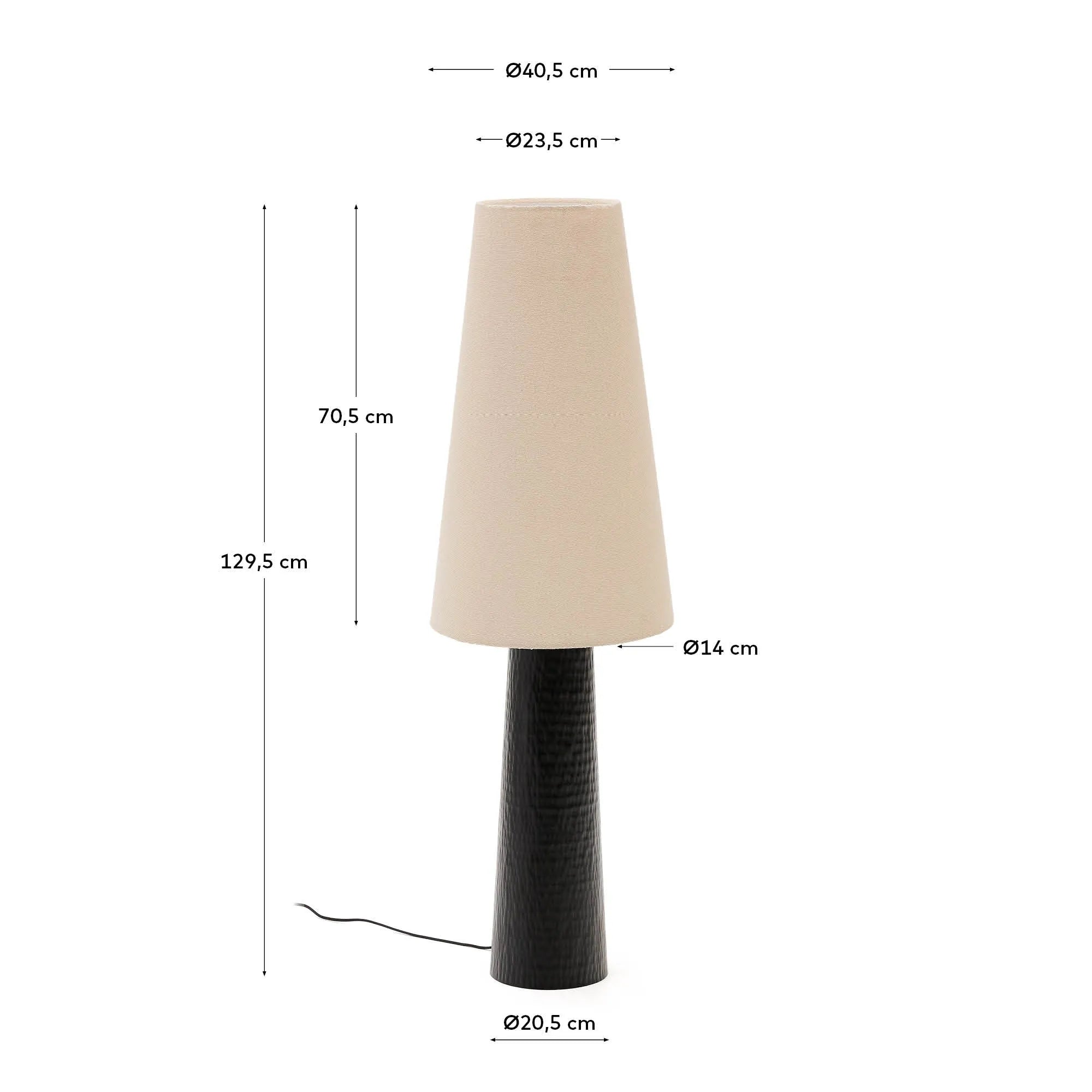 Elegante Stehlampe aus schwarzem Metall und Holz, die modernes Design mit Funktionalität vereint und jedem Raum Stil verleiht.