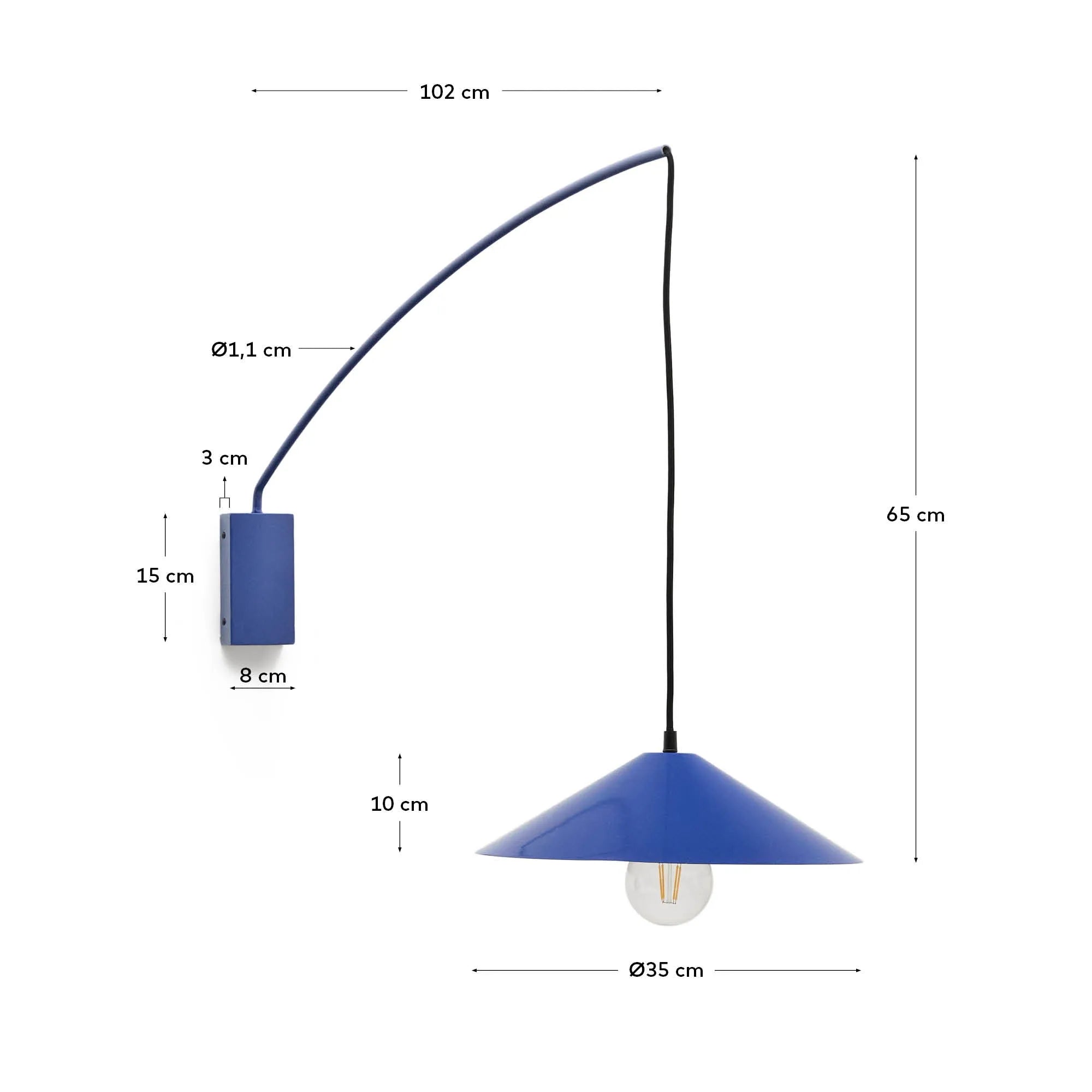 Elegante Wandleuchte aus blauem Metall und Holz, flexibel einstellbar, ideal für moderne Wohnräume.