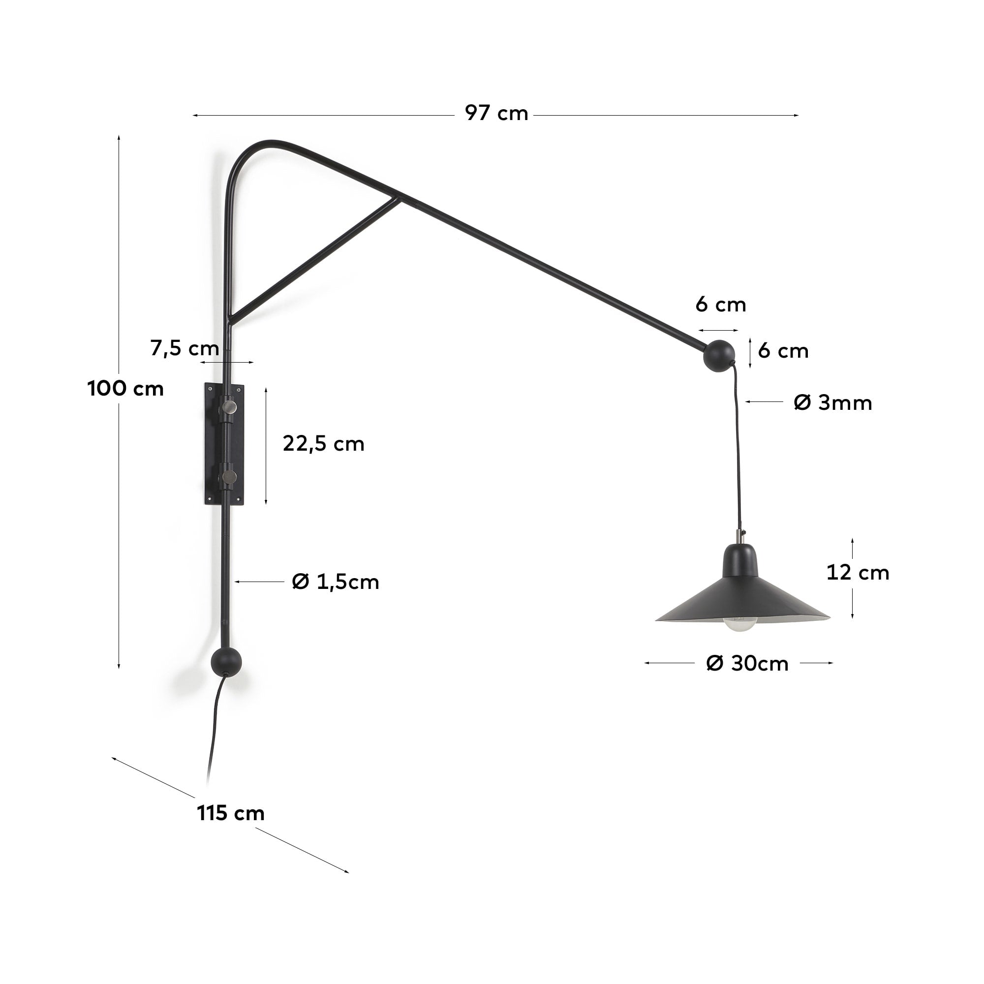 Eleazar Wandlampe aus Metall mit schwarz lackierter Oberfläche in Schwarz präsentiert im Onlineshop von KAQTU Design AG. Wandleuchte ist von Kave Home