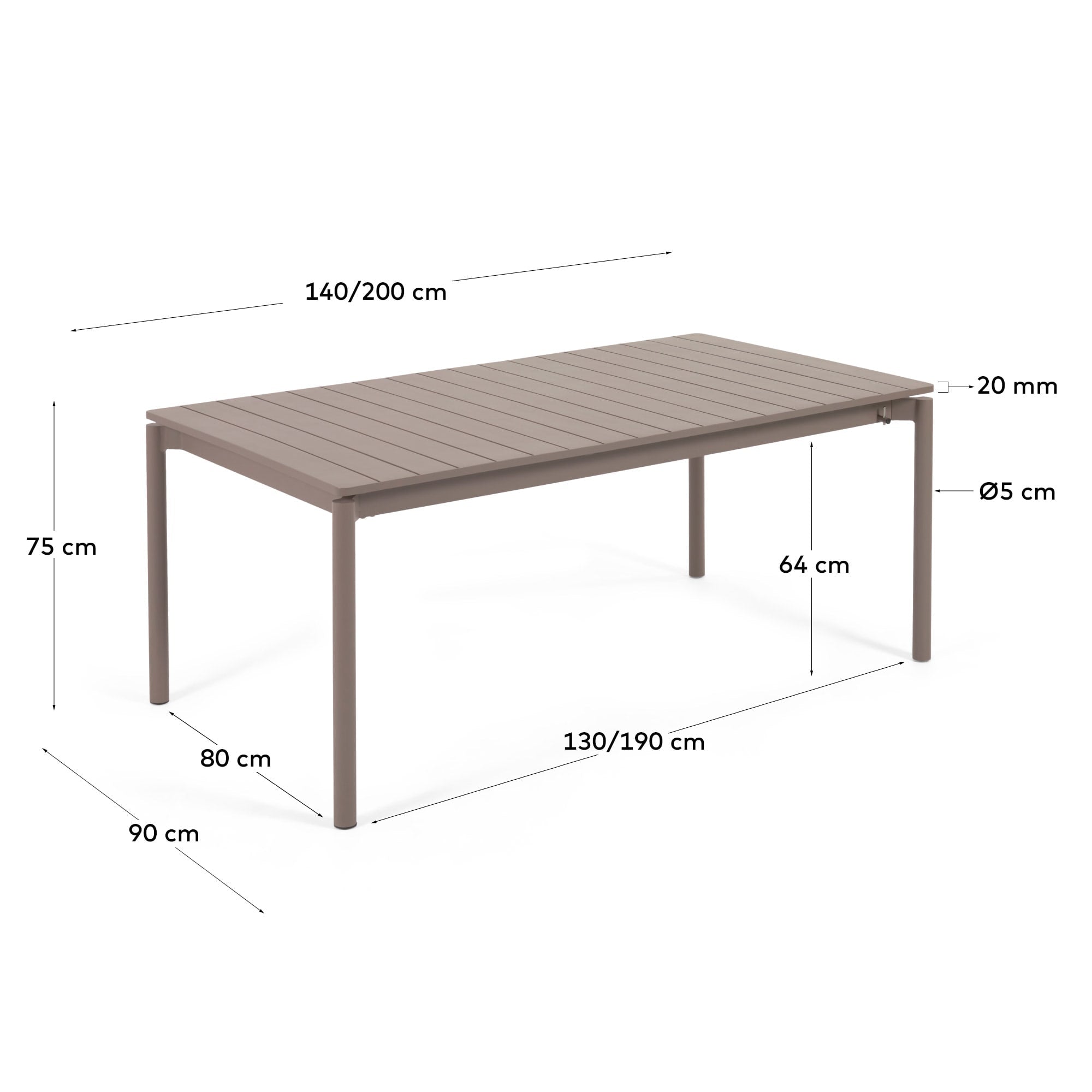 Zaltana ausziehbarer Outdoor-Tisch aus Aluminium mattbrauner 140 (200) x 90 cm in Braun präsentiert im Onlineshop von KAQTU Design AG. Gartentisch ist von Kave Home