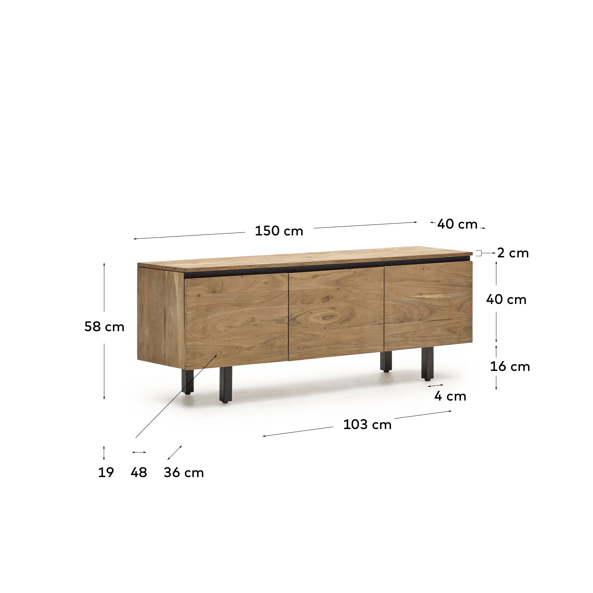 Uxue TV-Möbel 3-türig aus massivem Akazienholz mit natürlichem Finish 150 x 58 cm in Braun präsentiert im Onlineshop von KAQTU Design AG. Sideboard ist von Kave Home