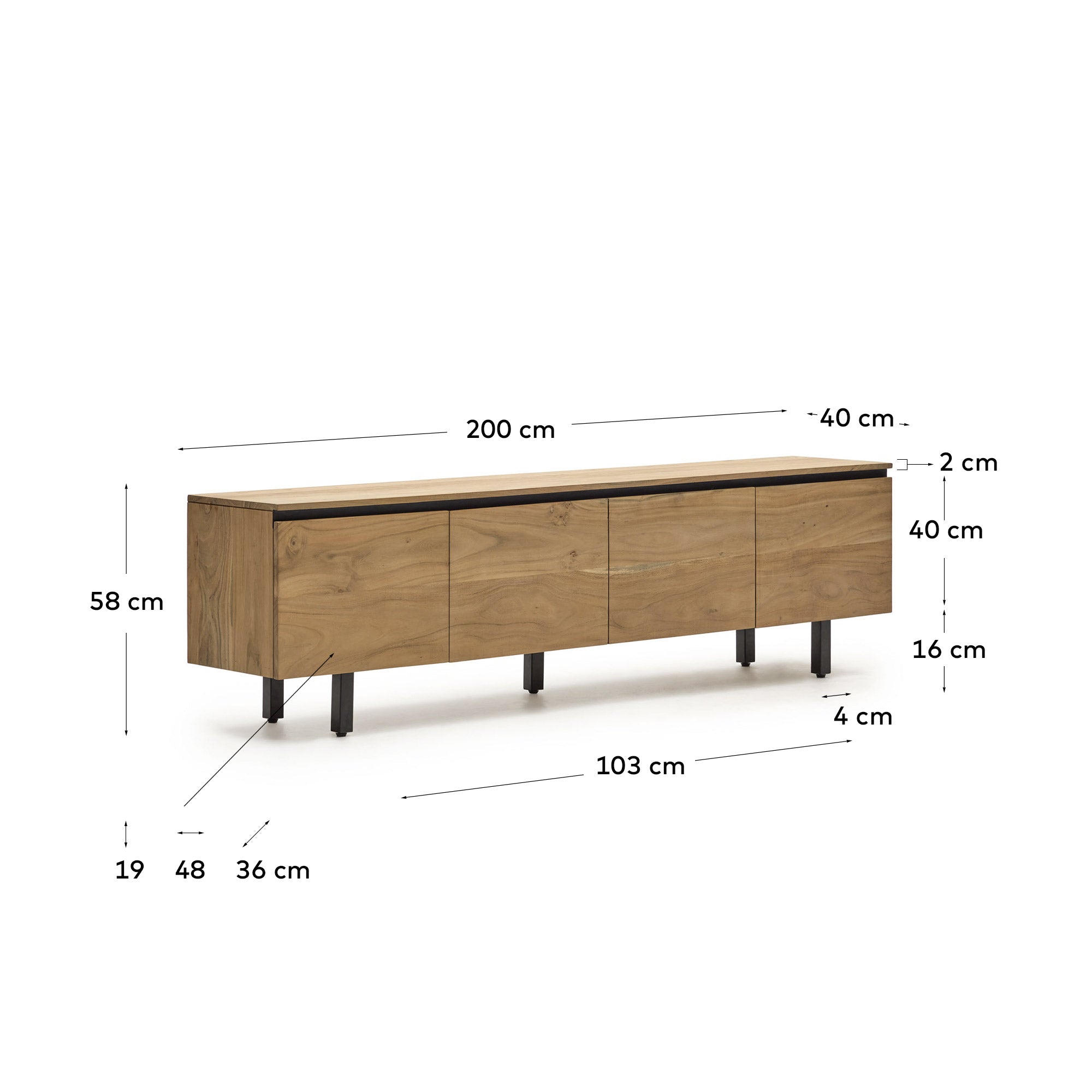 Uxue TV-Möbel 4-türig aus massivem Akazienholz mit natürlichem Finish 200 x 58 cm in Braun präsentiert im Onlineshop von KAQTU Design AG. Sideboard ist von Kave Home