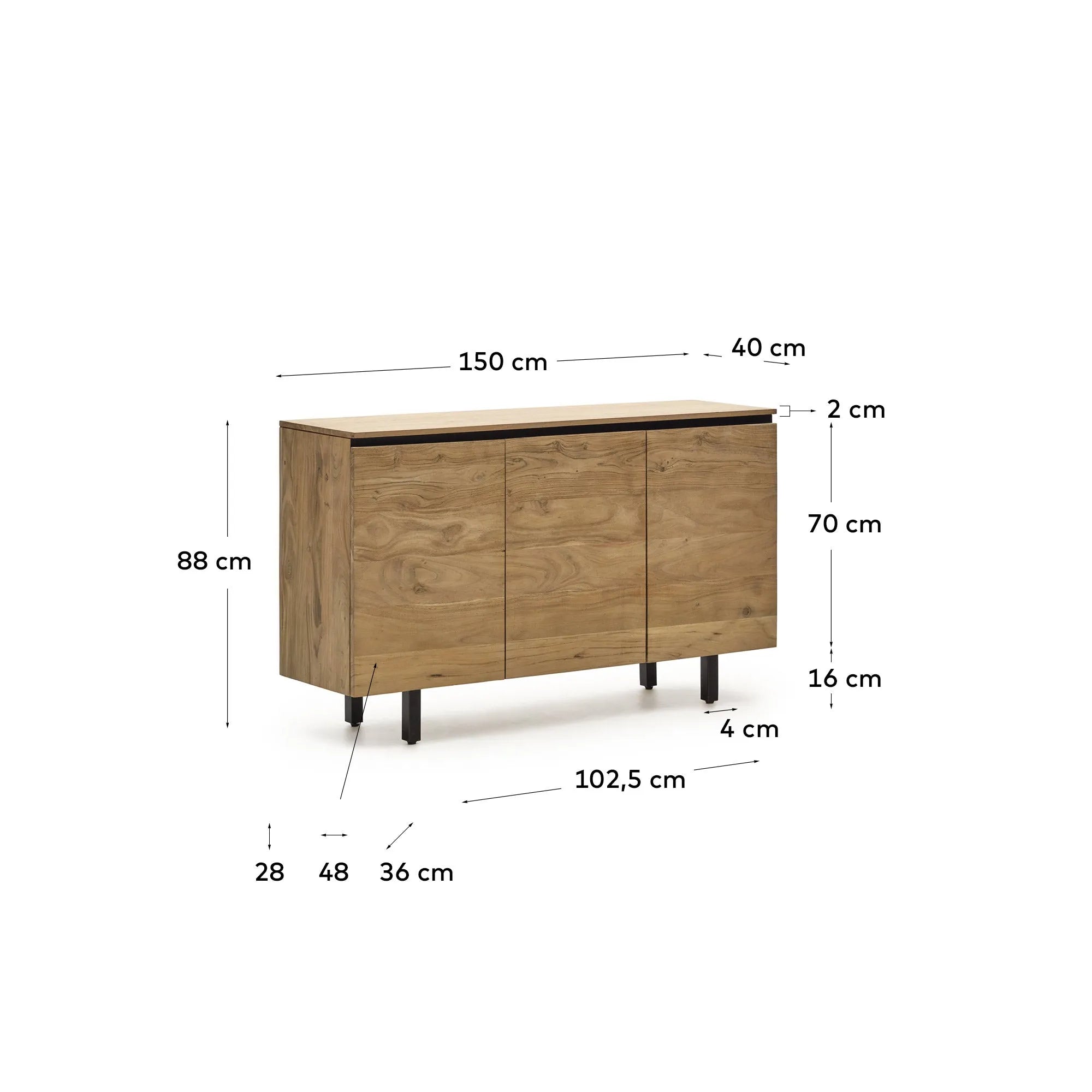 Elegantes Sideboard aus Akazienholz, 150x88 cm, vereint Tradition und Moderne mit natürlichem Finish und klaren Linien.