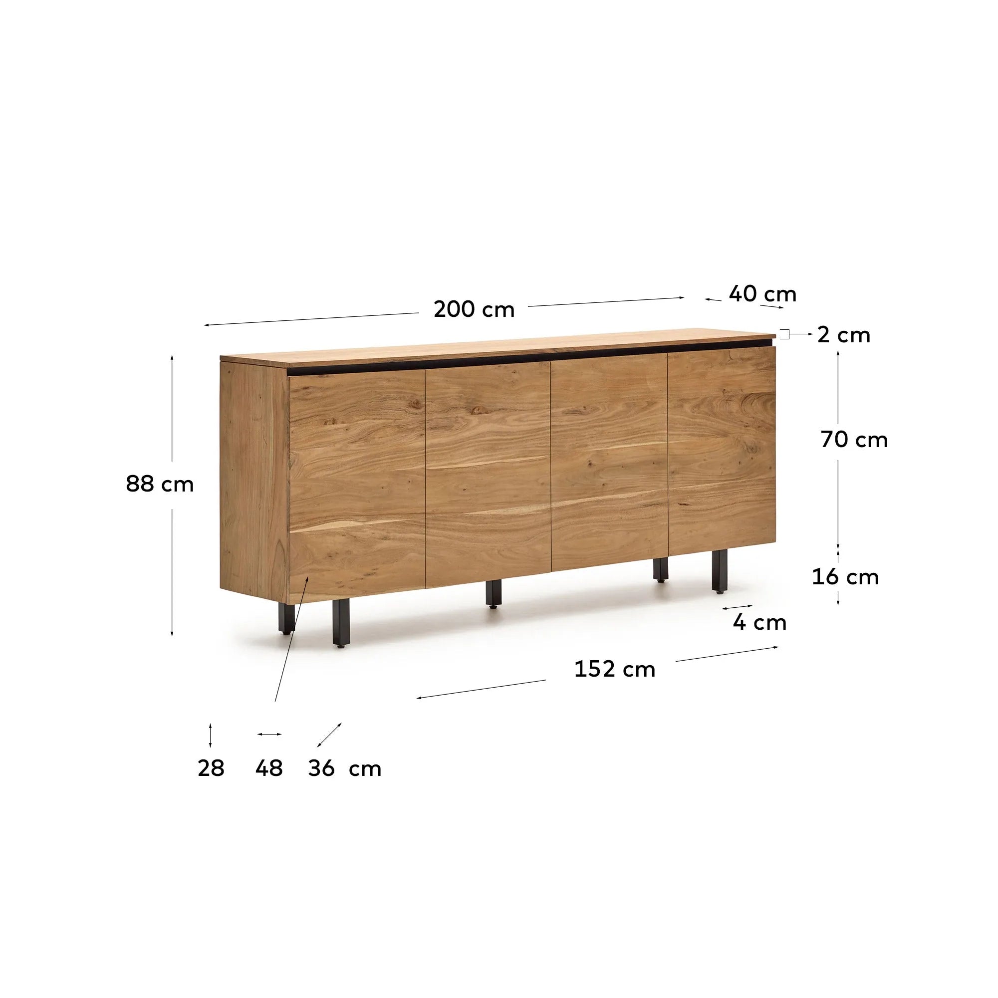 Das Sideboard Uxue aus Akazienholz vereint Funktionalität und Eleganz mit großzügigem Stauraum und natürlichem Charme.