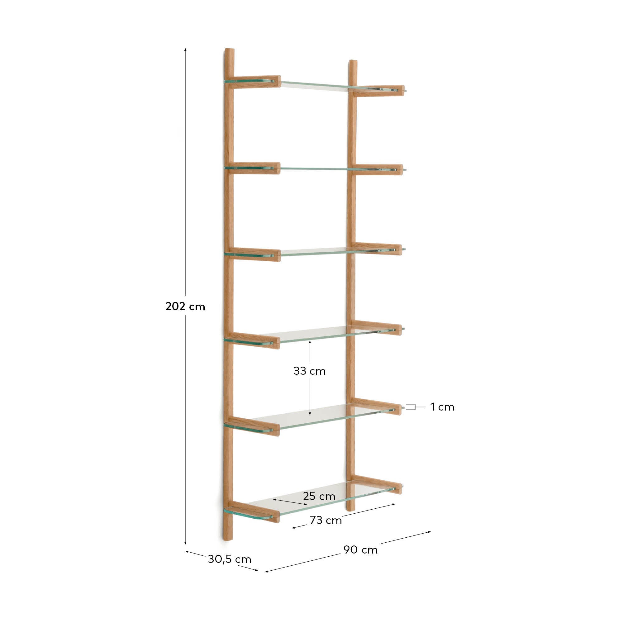 Modulares Regal Sitra 6 Regalbrettern aus Glas und massiver Eiche 90 cm FSC Mix Credit in Natur präsentiert im Onlineshop von KAQTU Design AG. Wandregal ist von Kave Home