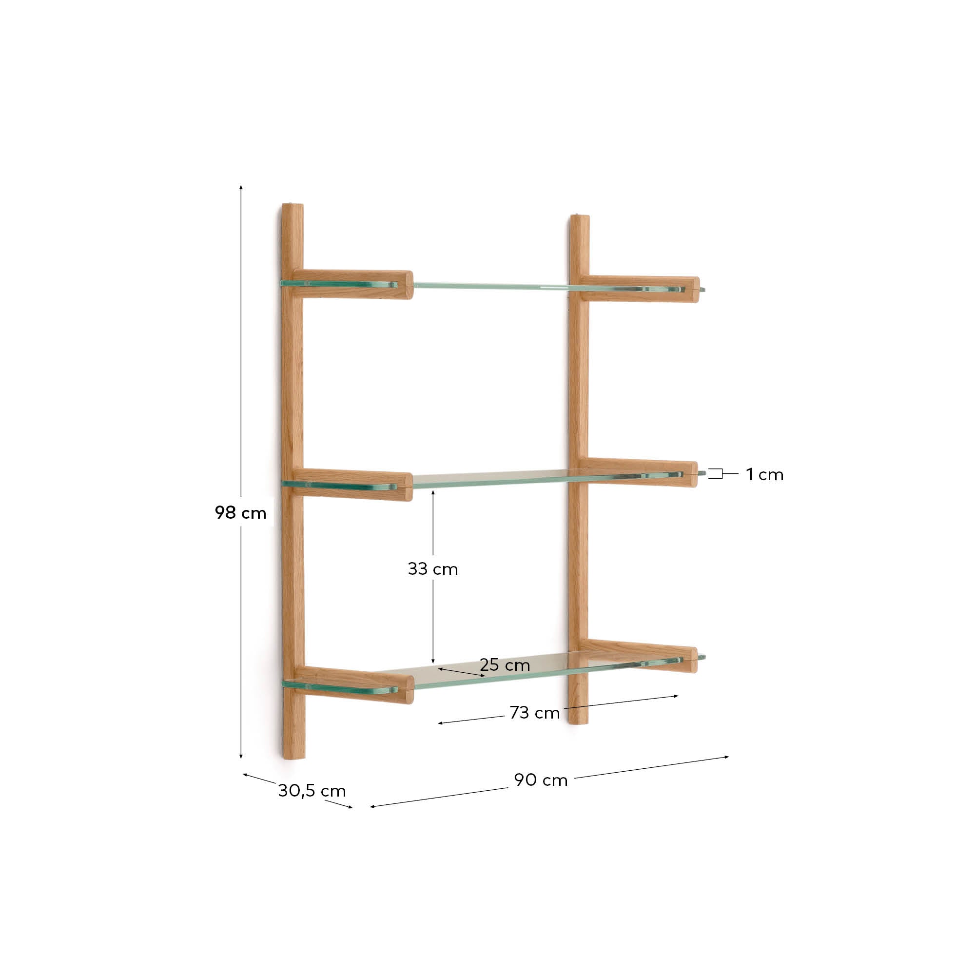 Modulares Regal Sitra 3 Regalbrettern aus Glas und massiver Eiche 90 cm FSC Mix Credit in Natur präsentiert im Onlineshop von KAQTU Design AG. Wandregal ist von Kave Home