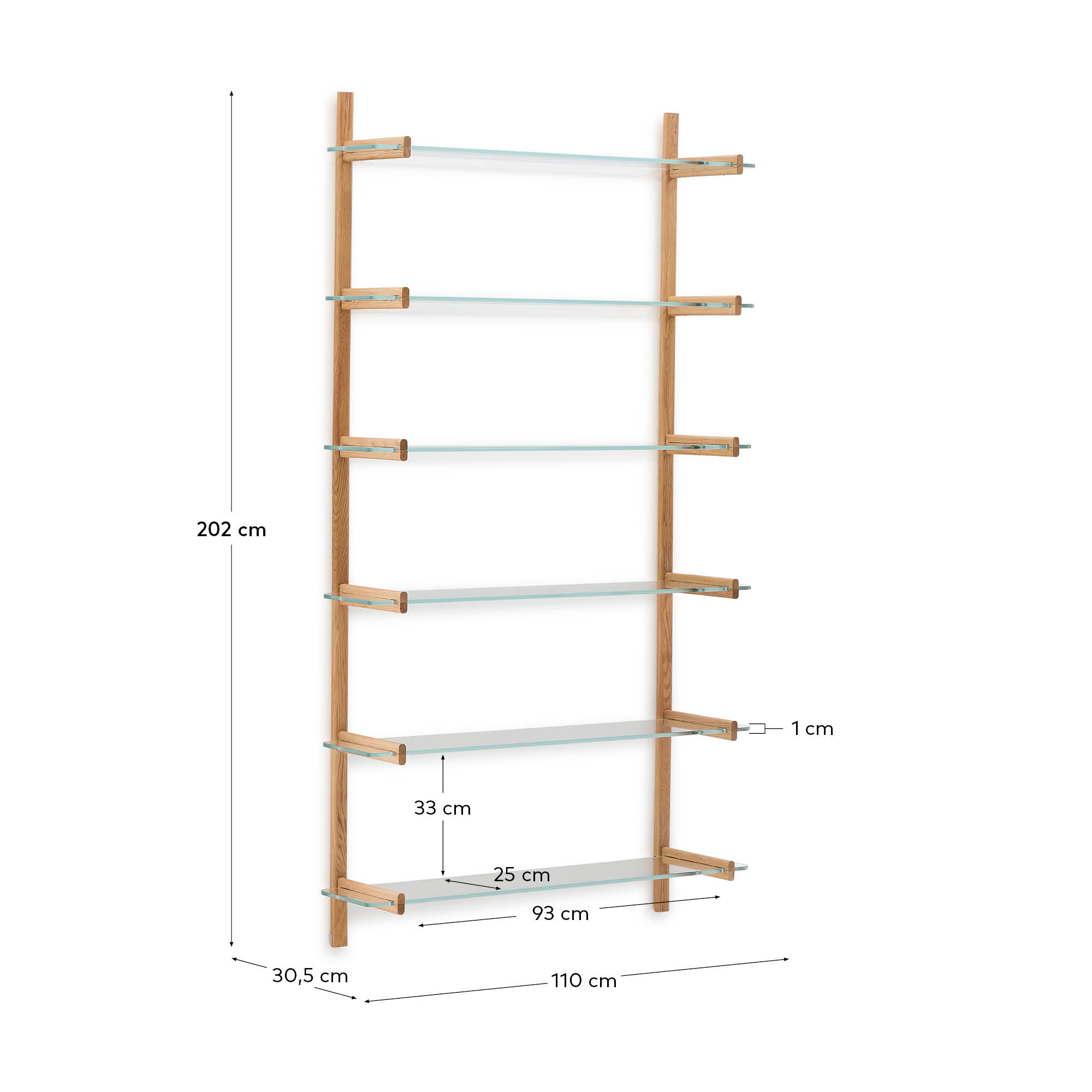 Modulares Regal Sitra 6 Regalbrettern aus Glas und massiver Eiche 110 cm FSC Mix Credit in Natur präsentiert im Onlineshop von KAQTU Design AG. Wandregal ist von Kave Home