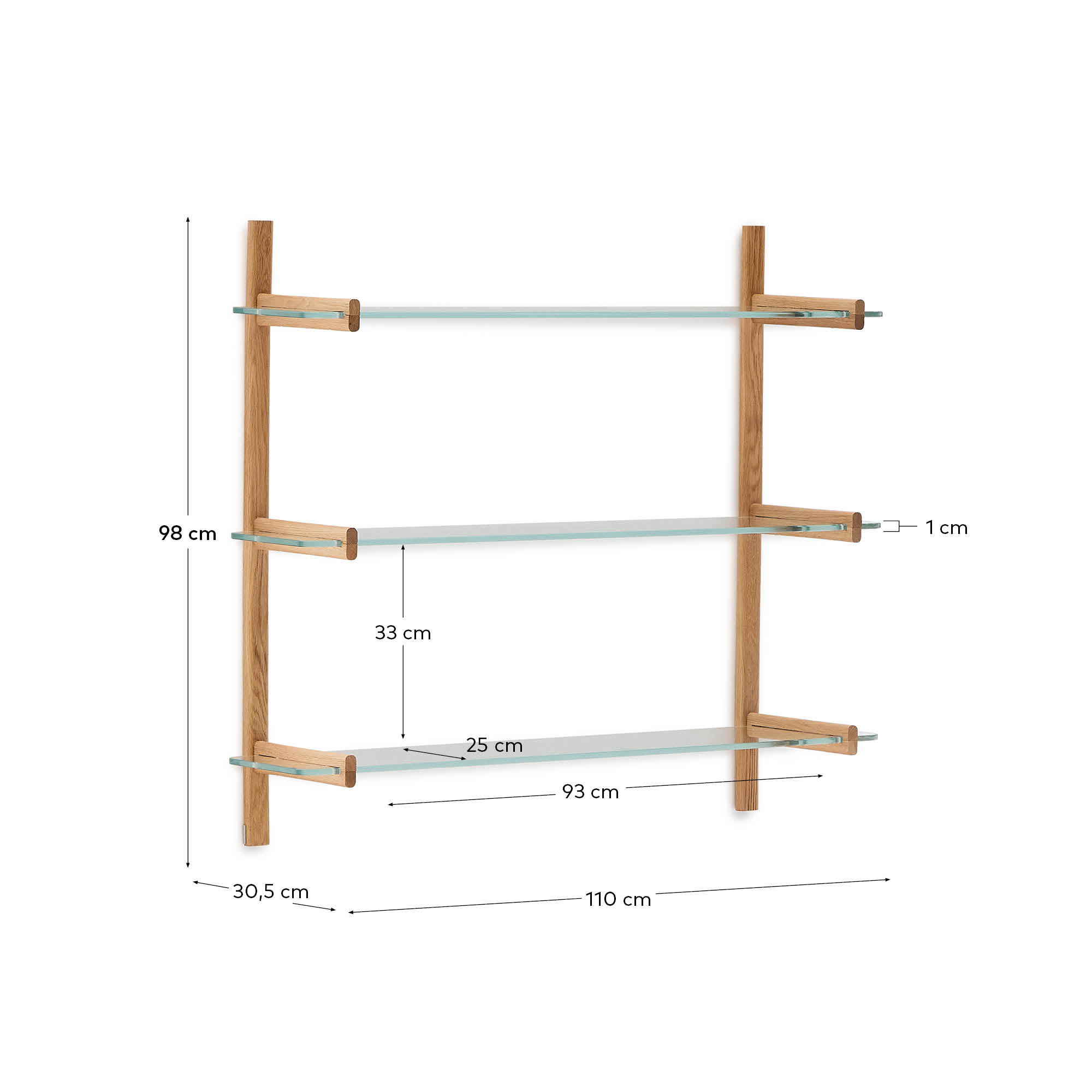 Modulares Regal Sitra 3 Regalbrettern aus Glas und massiver Eiche 110 cm FSC Mix Credit in Natur präsentiert im Onlineshop von KAQTU Design AG. Wandregal ist von Kave Home