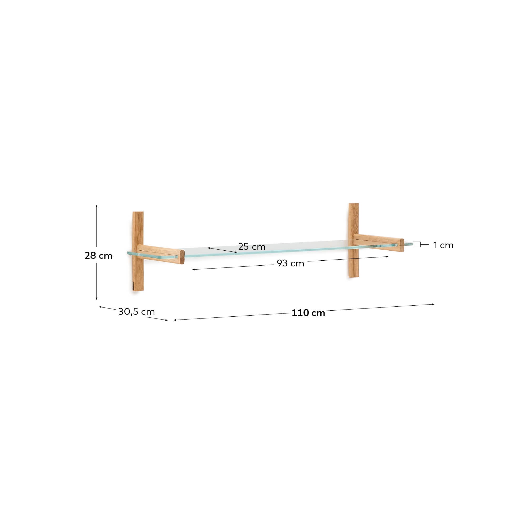 Modulares Regal Sitra 1 Regalbrett aus Glas und massivem Eichenholz 110 cm FSC Mix Credit in Natur präsentiert im Onlineshop von KAQTU Design AG. Wandregal ist von Kave Home