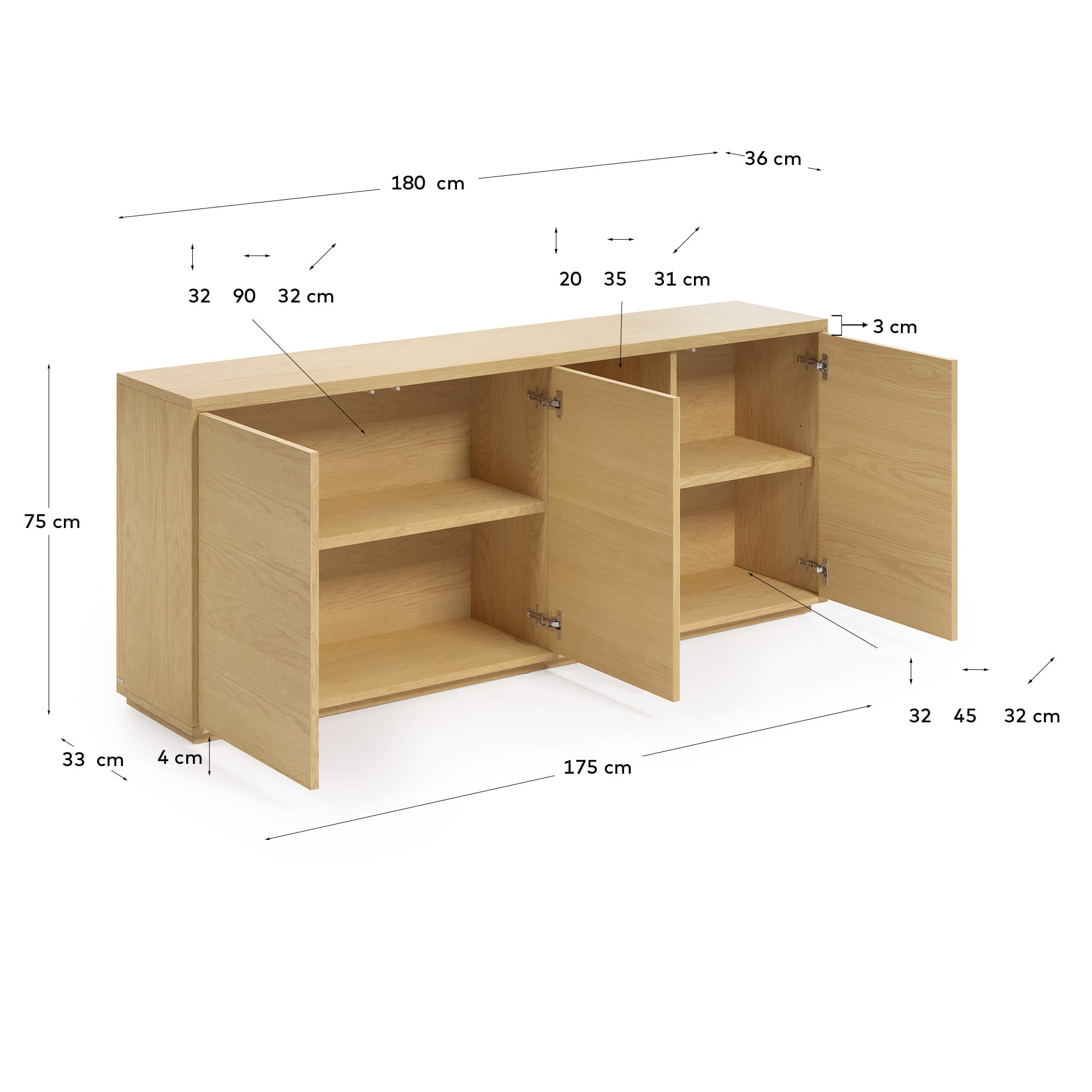 Abilen Sideboard 3 Türen Eichenfurnier 180 x 75 cm FSC 100% in Braun präsentiert im Onlineshop von KAQTU Design AG. Sideboard ist von Kave Home