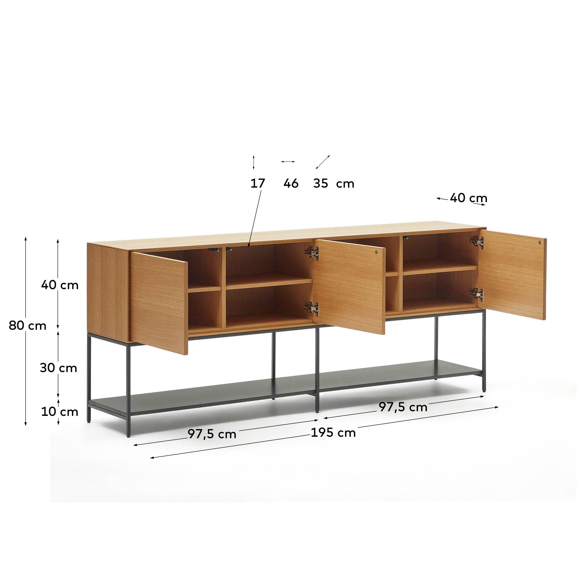 Vedrana Kommode 3 Türen aus Eichenfurnier und Stahlbeine in Schwarz 195 x 80 cm in Natur präsentiert im Onlineshop von KAQTU Design AG. High-Sideboard ist von Kave Home