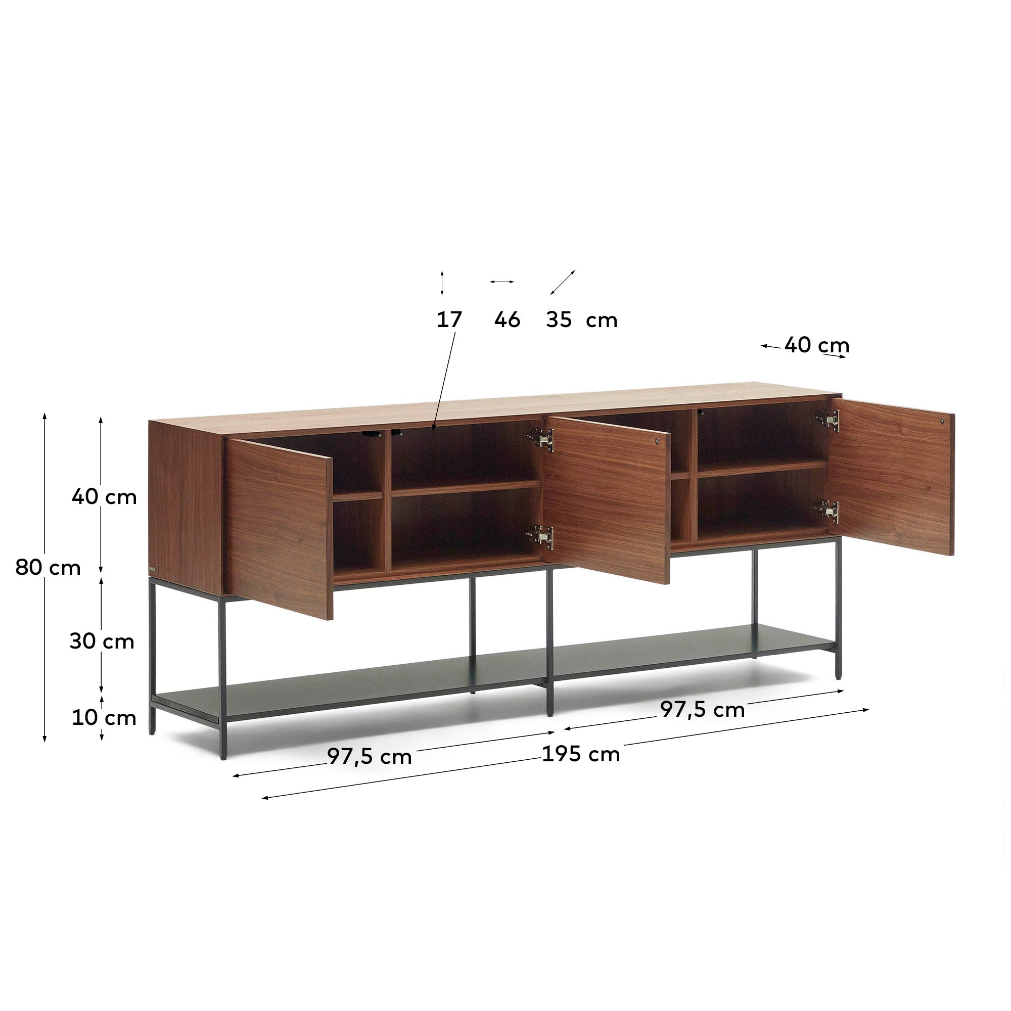 Vedrana Sideboard 3 Türen aus Nussholzfurnier und Stahlbeine in Schwarz 195 x 80 cm in Natur präsentiert im Onlineshop von KAQTU Design AG. Sideboard ist von Kave Home