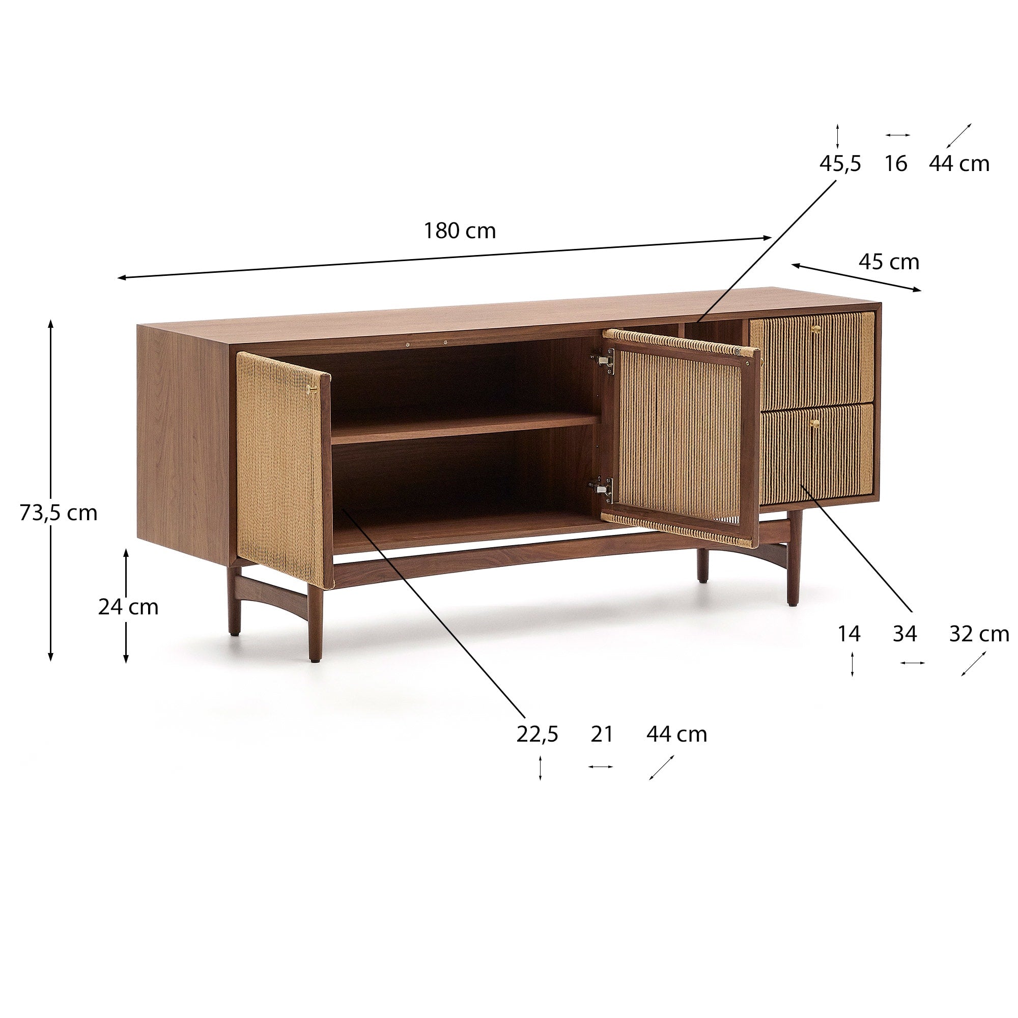 Sideboard Elan 2 Türen 2 Schubladen massives Nussholz und Furnier Seil 180x73cm FSC Mix Credit in Natur präsentiert im Onlineshop von KAQTU Design AG. Sideboard ist von Kave Home