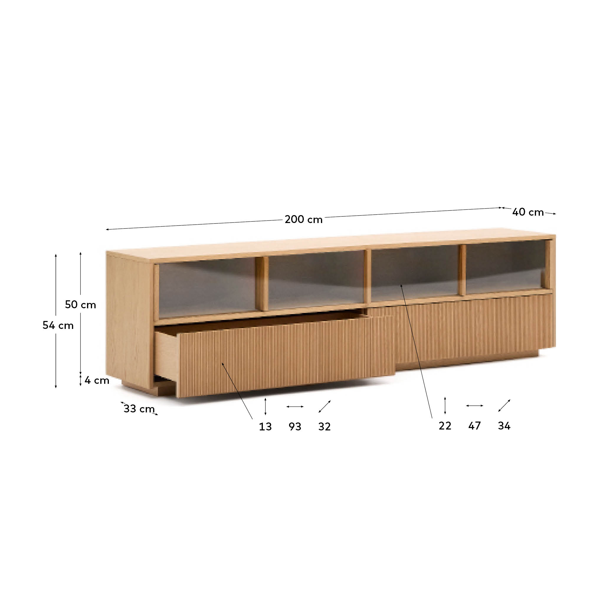 Sideboard Helvine 4 Türen 2 Schubladen Eichenfurnier gehärtetes Glas 200 x 54 cm FSC 100% in Natur präsentiert im Onlineshop von KAQTU Design AG. Sideboard ist von Kave Home