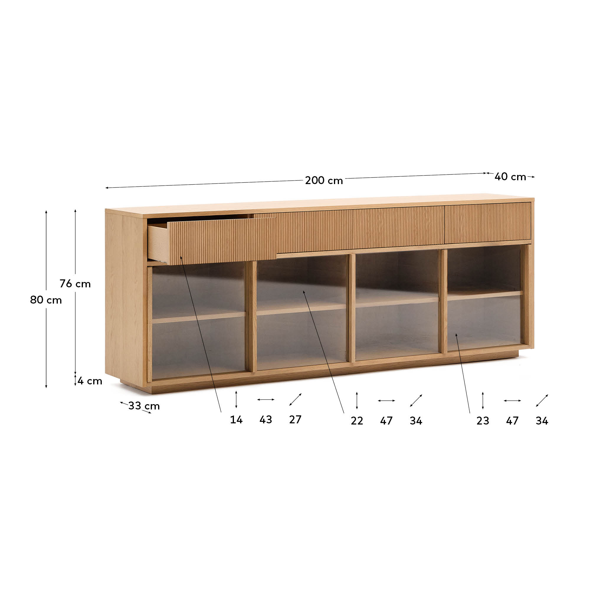 Sideboard Helvine 4 Türen 4 Schubladen Eichenfurnier und gehärtetes Glas 200 x 75 cm FSC 100% in Natur präsentiert im Onlineshop von KAQTU Design AG. Sideboard ist von Kave Home