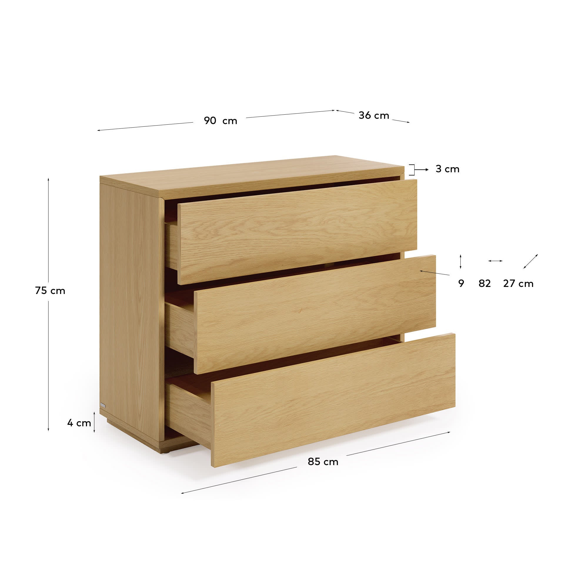 Abilen Kommode mit 3 Schubladen aus Eichenfurnier 90 x 75 cm FSC 100% in Braun präsentiert im Onlineshop von KAQTU Design AG. High-Sideboard ist von Kave Home