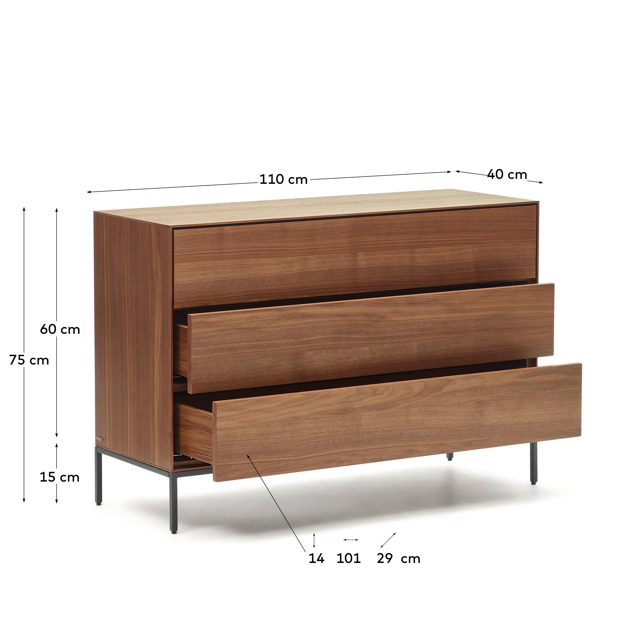 Vedrana Kommode aus 3 Schubladen aus Nussholzfurnier und Stahlbeine schwarz 110 x 75 cm in Natur präsentiert im Onlineshop von KAQTU Design AG. High-Sideboard ist von Kave Home