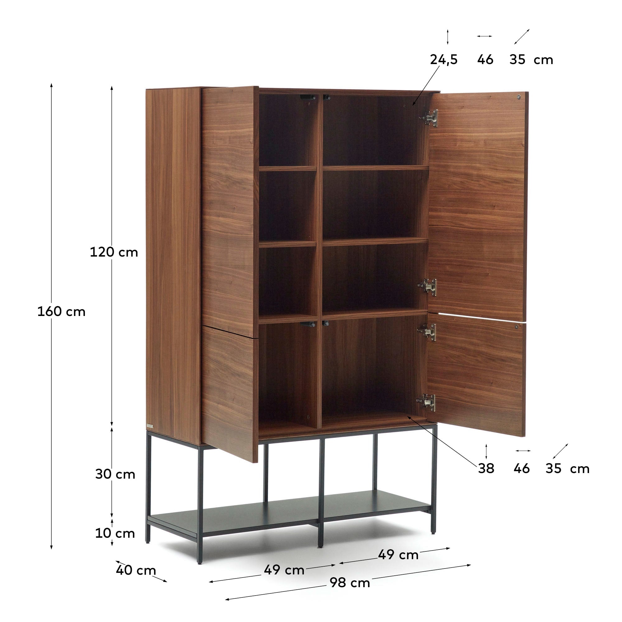 Vedrana Highboard 4 Türen aus Nussholzfurnier und Stahlbeine in Schwarz 97,5 x 160 cm in Natur präsentiert im Onlineshop von KAQTU Design AG. High-Sideboard ist von Kave Home