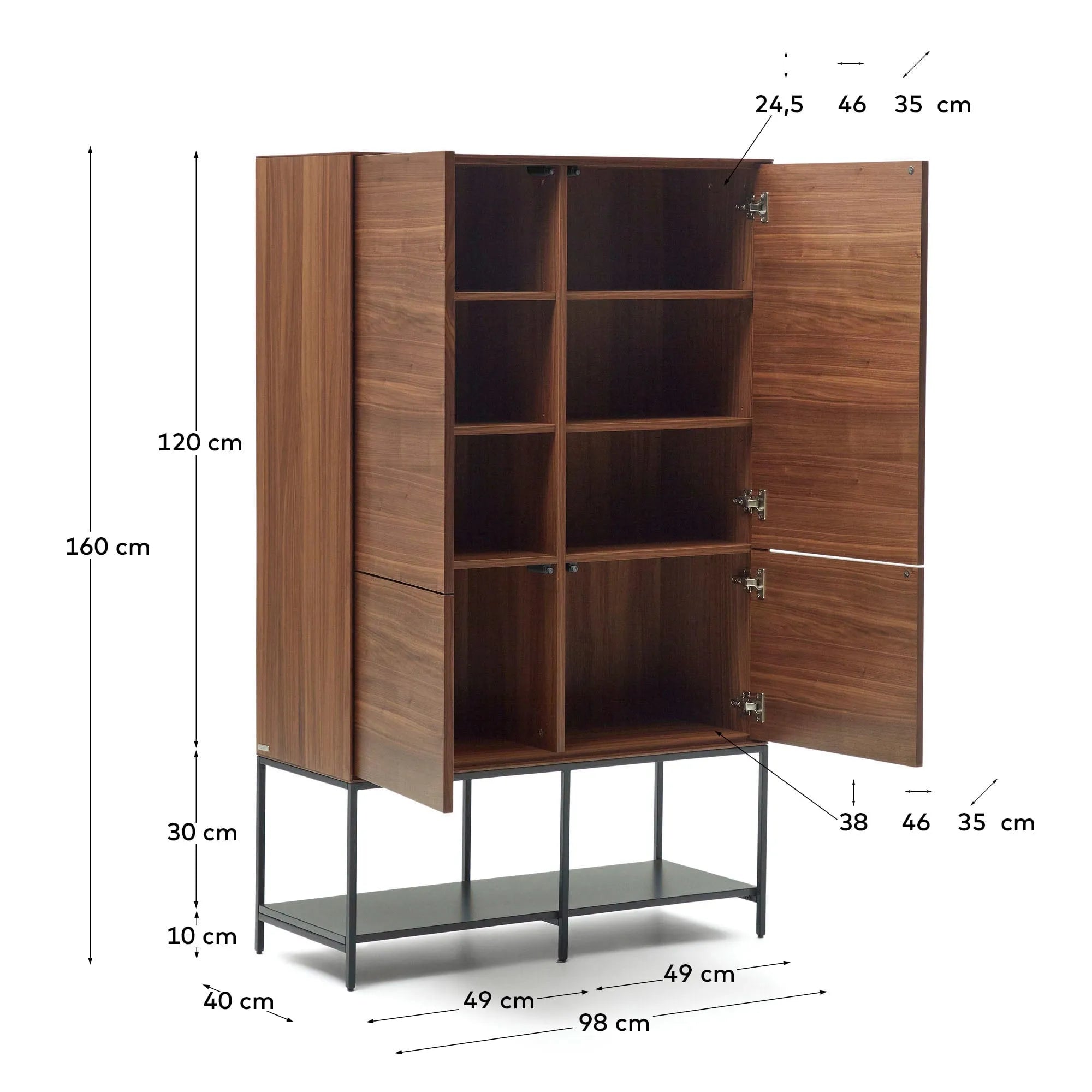 Das Vedrana Highboard kombiniert edles Nussholzfurnier mit modernen schwarzen Stahlbeinen und bietet stilvollen Stauraum.