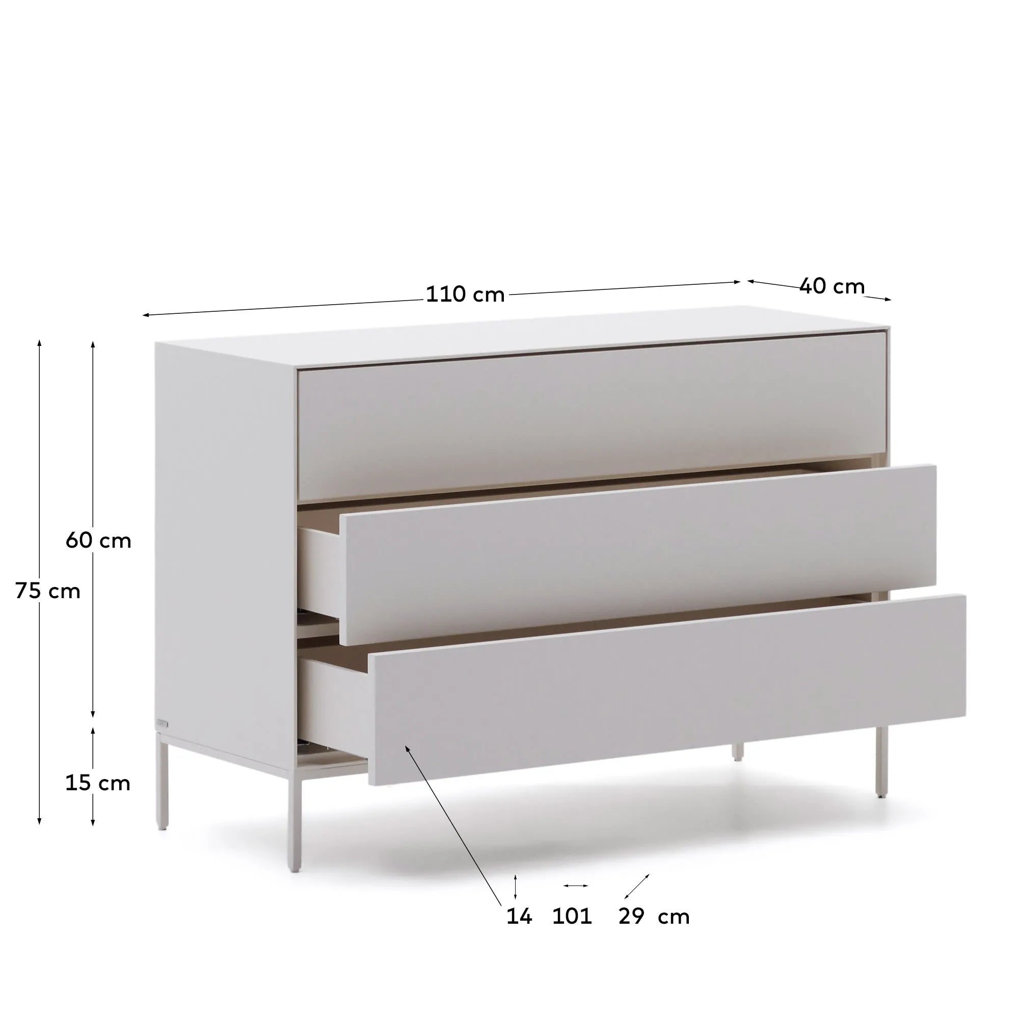 Die Vedrana Kommode von Kave Home vereint elegantes Design mit Funktionalität: Weiß lackiertes MDF, Stahlakzente, 3 Schubladen, 110x75 cm.