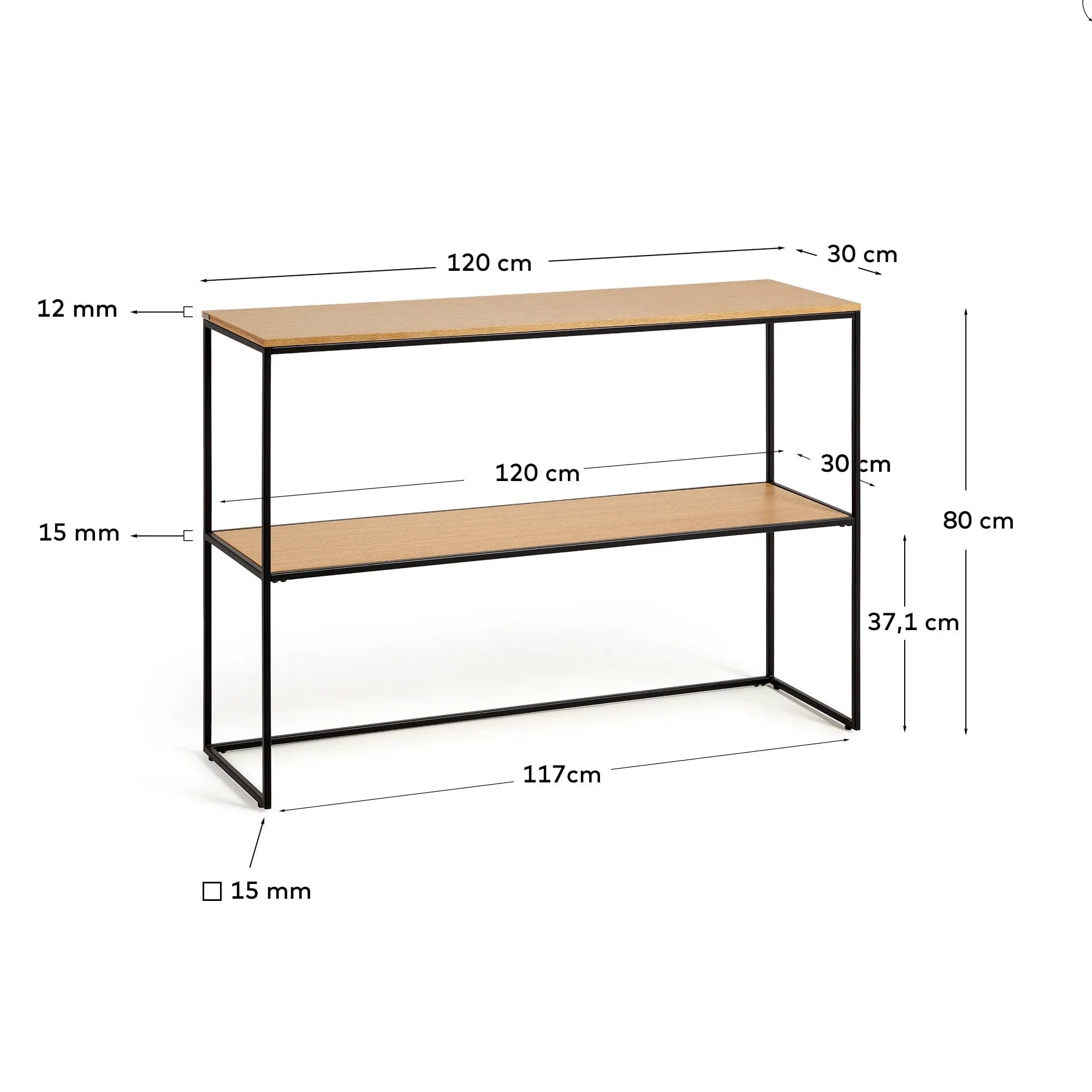 Eleganter Konsolentisch mit Eichenfurnier und schwarzem Metallgestell, ideal für stilvolle Wohnräume.