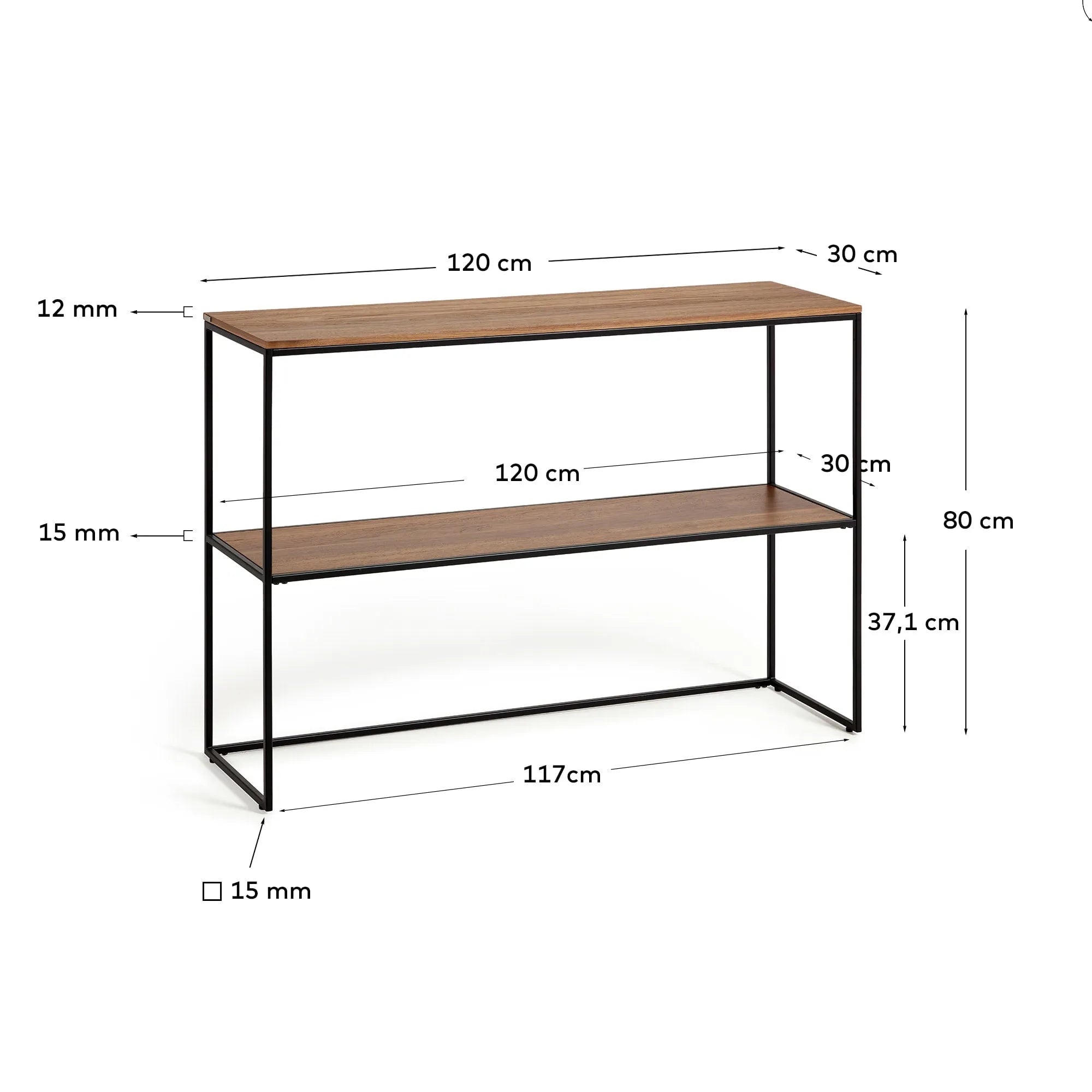 Eleganter Konsolentisch mit warmem Nussholzfurnier und schwarzem Metallgestell, ideal für stilvolle Akzente in jedem Raum.