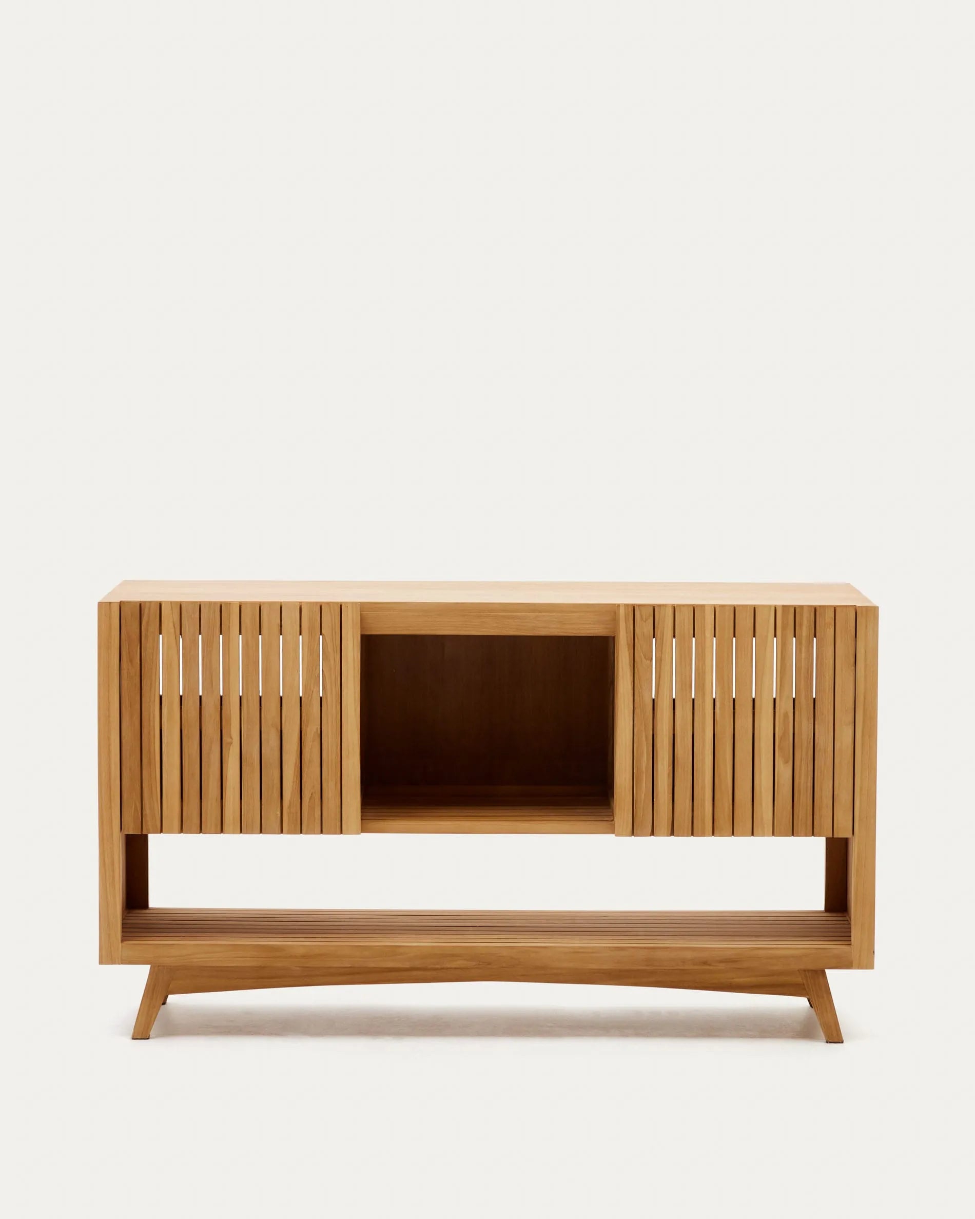 3D-Modell eines eleganten Teakholz-Sideboards, 140x50 cm, mit natürlichem Finish, ideal für stilvolle Aufbewahrung.