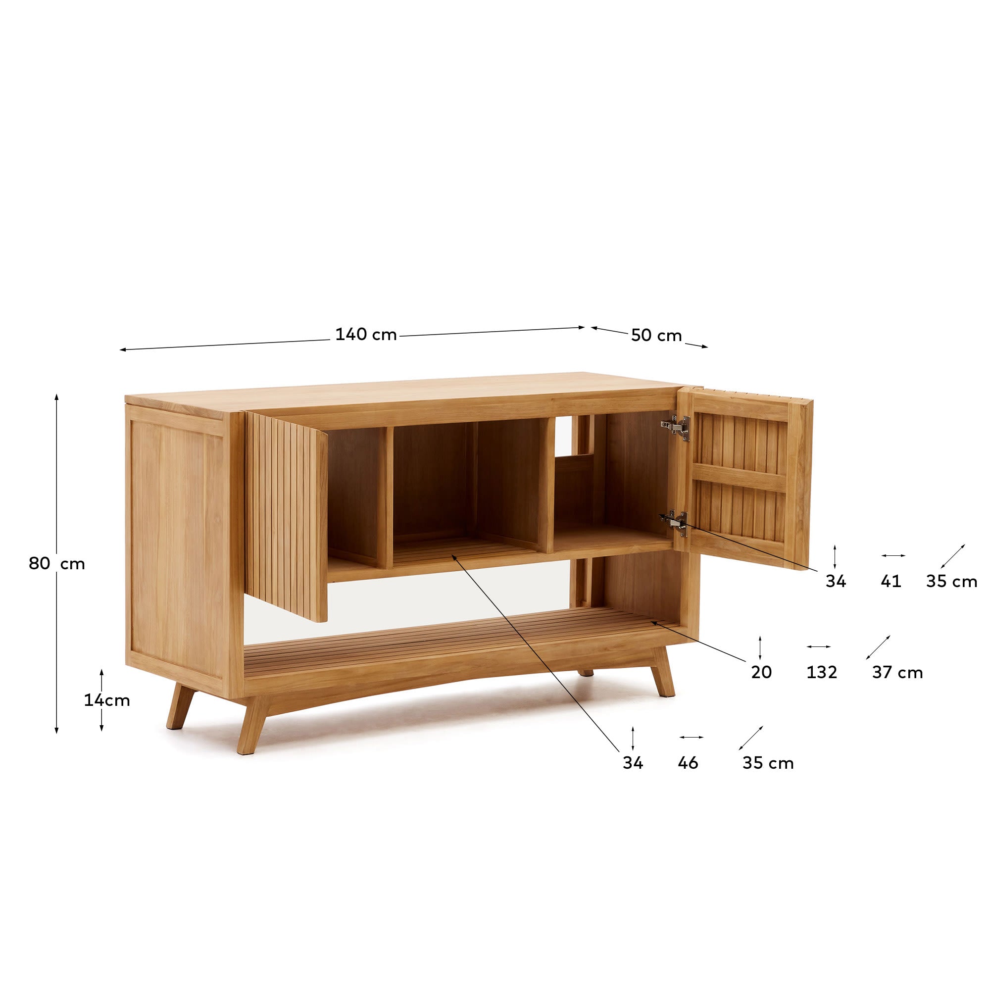 Kuveni aus massivem Teakholz mit natürlichem Finish 140 x 50 cm in Braun präsentiert im Onlineshop von KAQTU Design AG. High-Sideboard ist von Kave Home