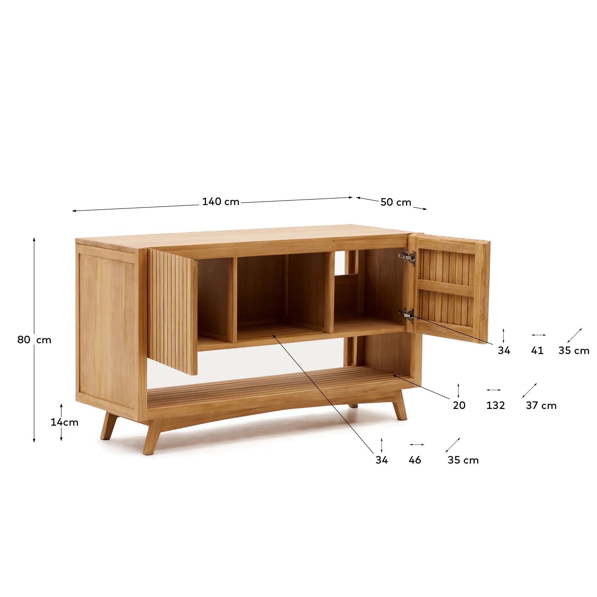 Elegantes Sideboard aus massivem Teakholz, 140x50 cm, mit natürlichem Finish – stilvoller Stauraum für jeden Raum.