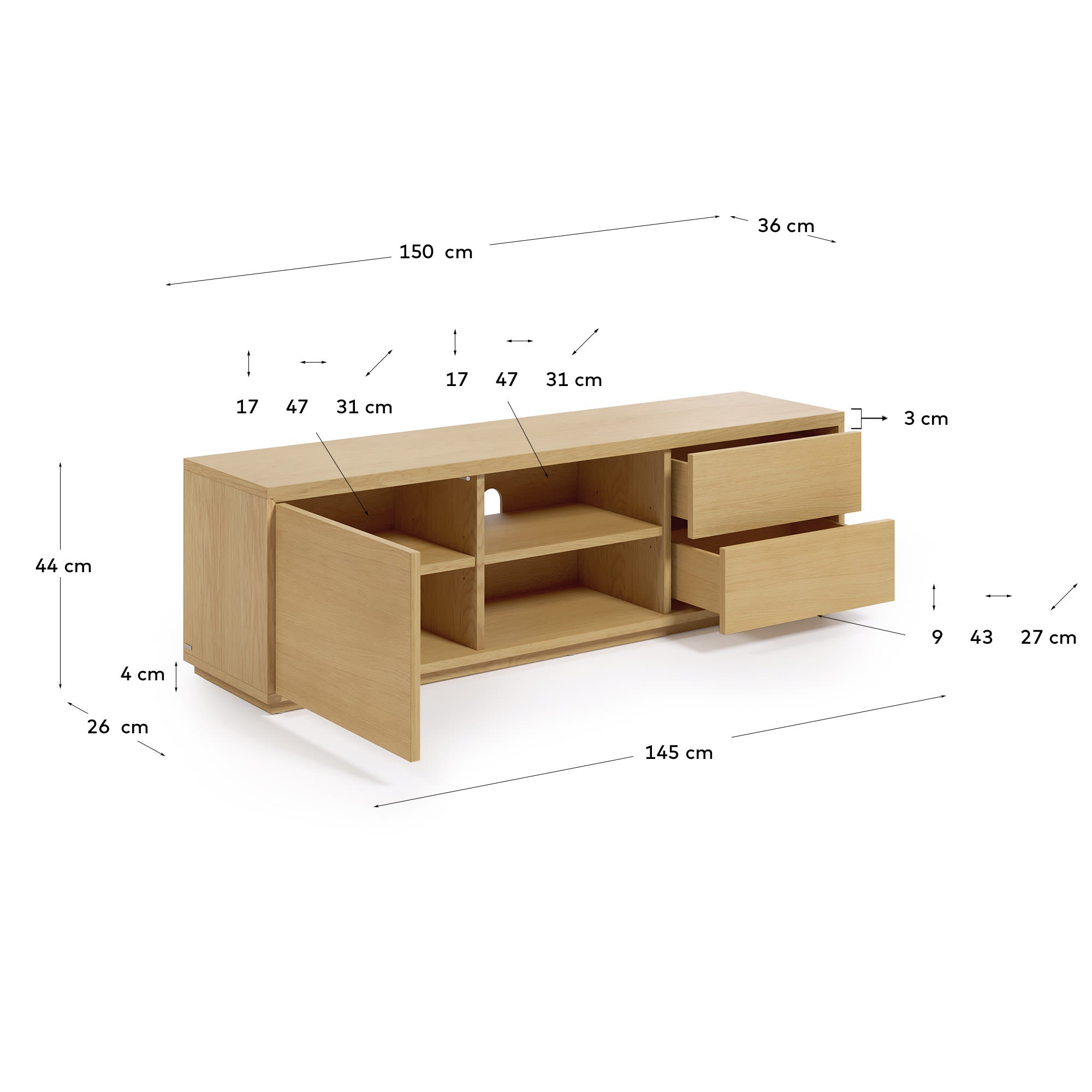 Abilen TV-Schrank 1 Türe und 2 Schubladen aus Eichenfurnier 150 x 44 cm FSC 100% in Braun präsentiert im Onlineshop von KAQTU Design AG. Sideboard ist von Kave Home