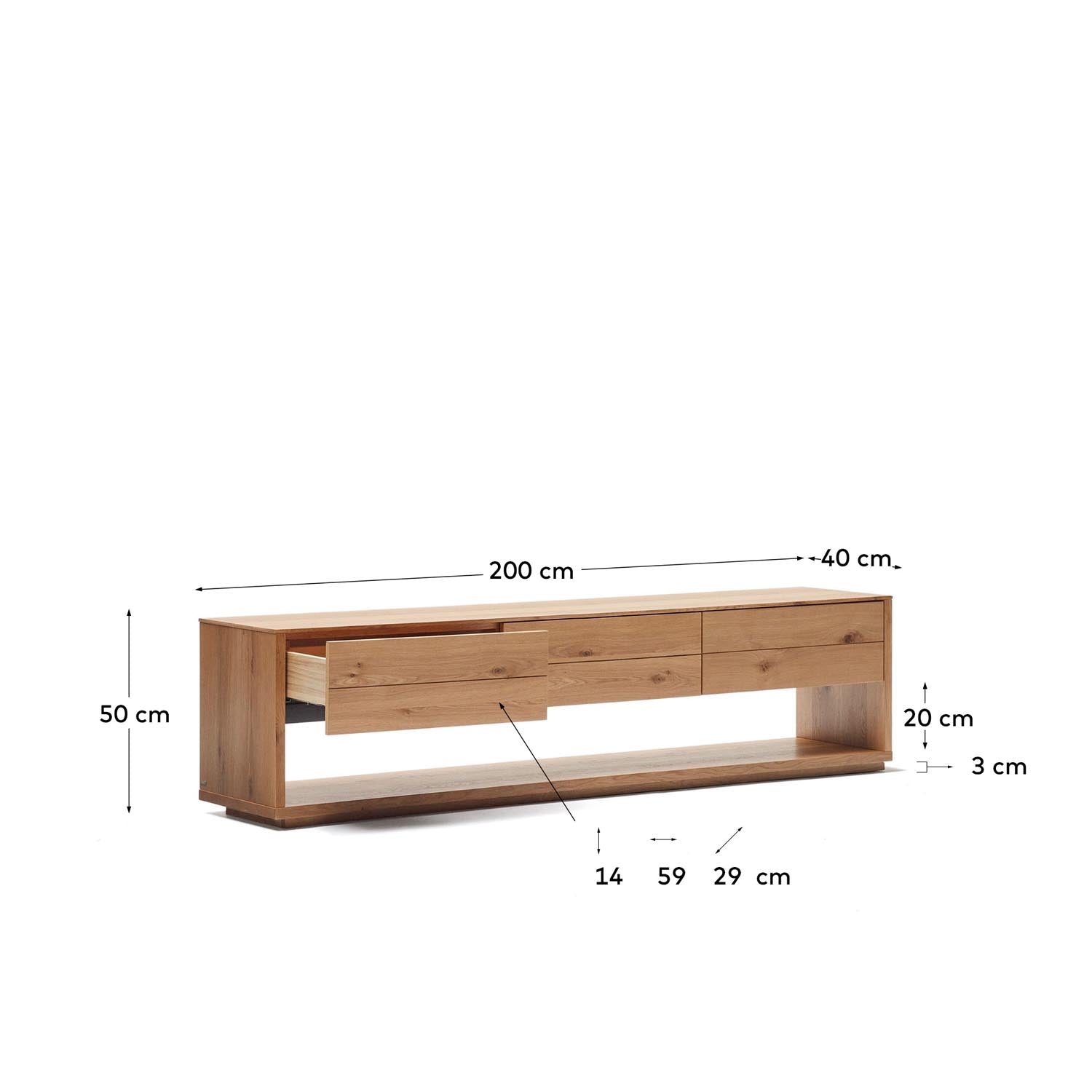 TV-Möbel Alguema 3 Schubladen in Eichenfurnier mit natürlichem Finish 200 x 51 cm in Natur präsentiert im Onlineshop von KAQTU Design AG. Sideboard ist von Kave Home