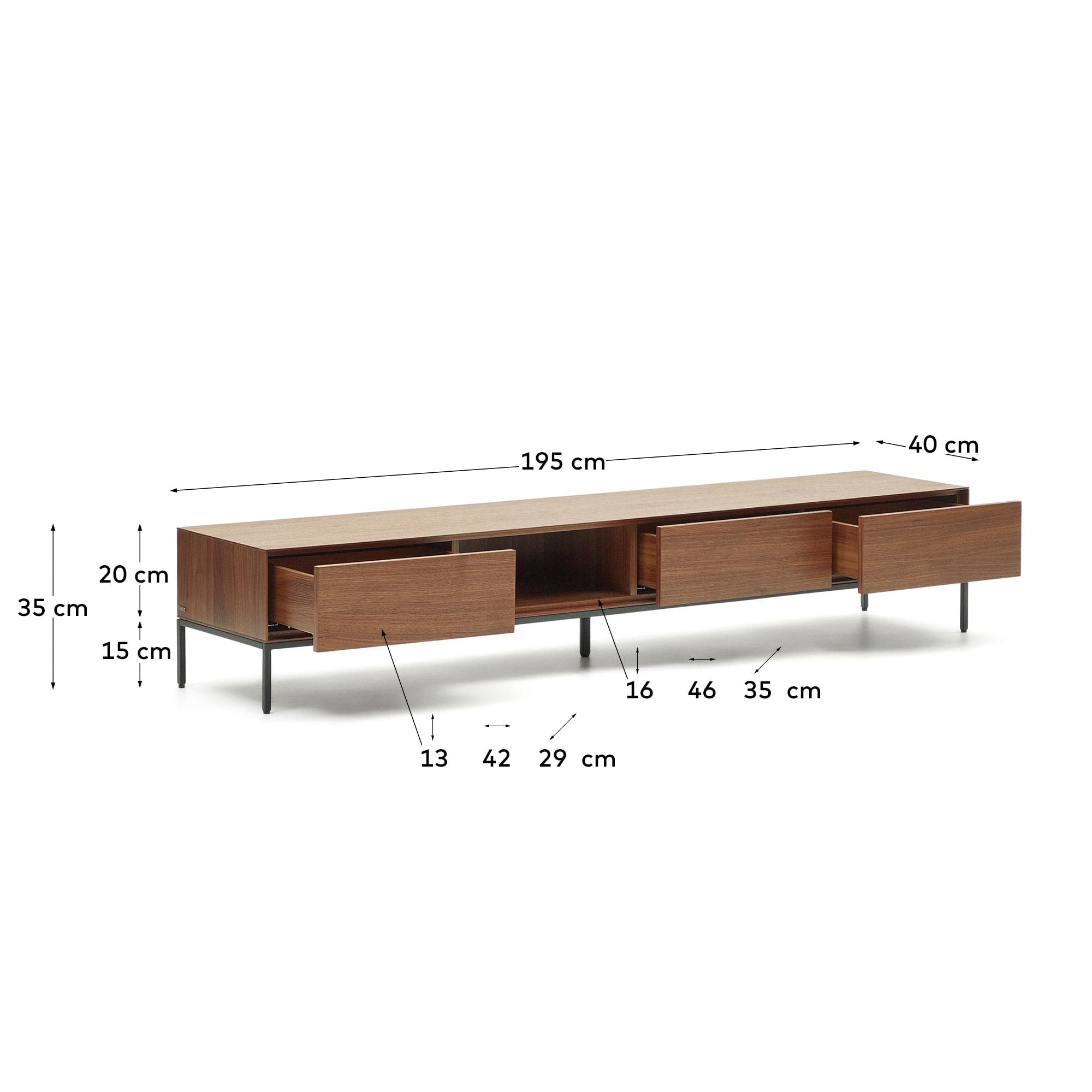 Vedrana TV-Schrank 3 Schubladen aus Nussholzfurnier und Stahlbeine in Schwarz 195 x 35 cm in Natur präsentiert im Onlineshop von KAQTU Design AG. Sideboard ist von Kave Home