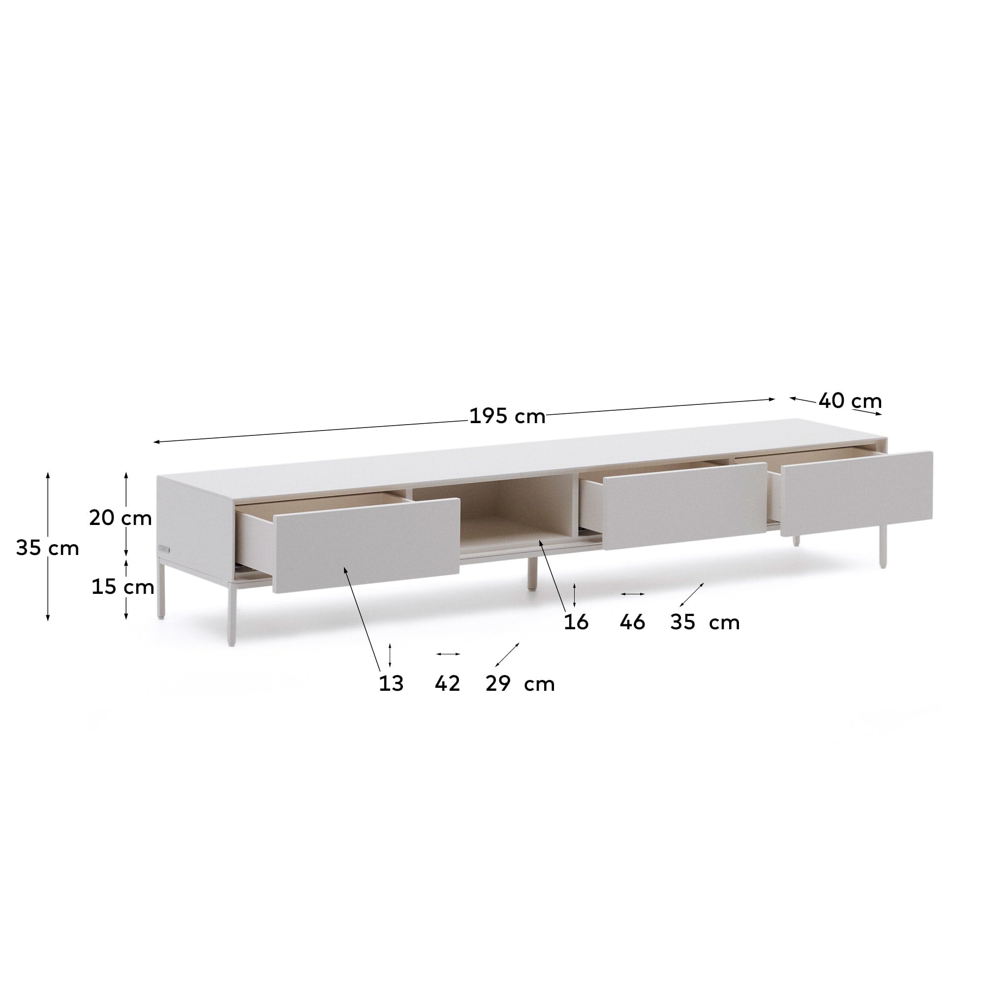 Vedrana TV-Schrank 3 Schubladen MDF weiss lackiert 195 x 35 cm in Weiß präsentiert im Onlineshop von KAQTU Design AG. Sideboard ist von Kave Home