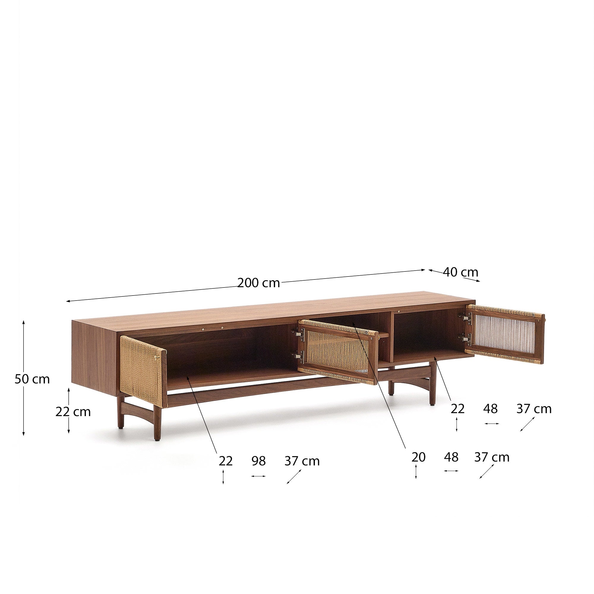 TV-Möbel Elan 3 Türen Furnier und massives Walnussholz Seil 200 x 50 cm FSC Mix Credit in Natur präsentiert im Onlineshop von KAQTU Design AG. Sideboard ist von Kave Home