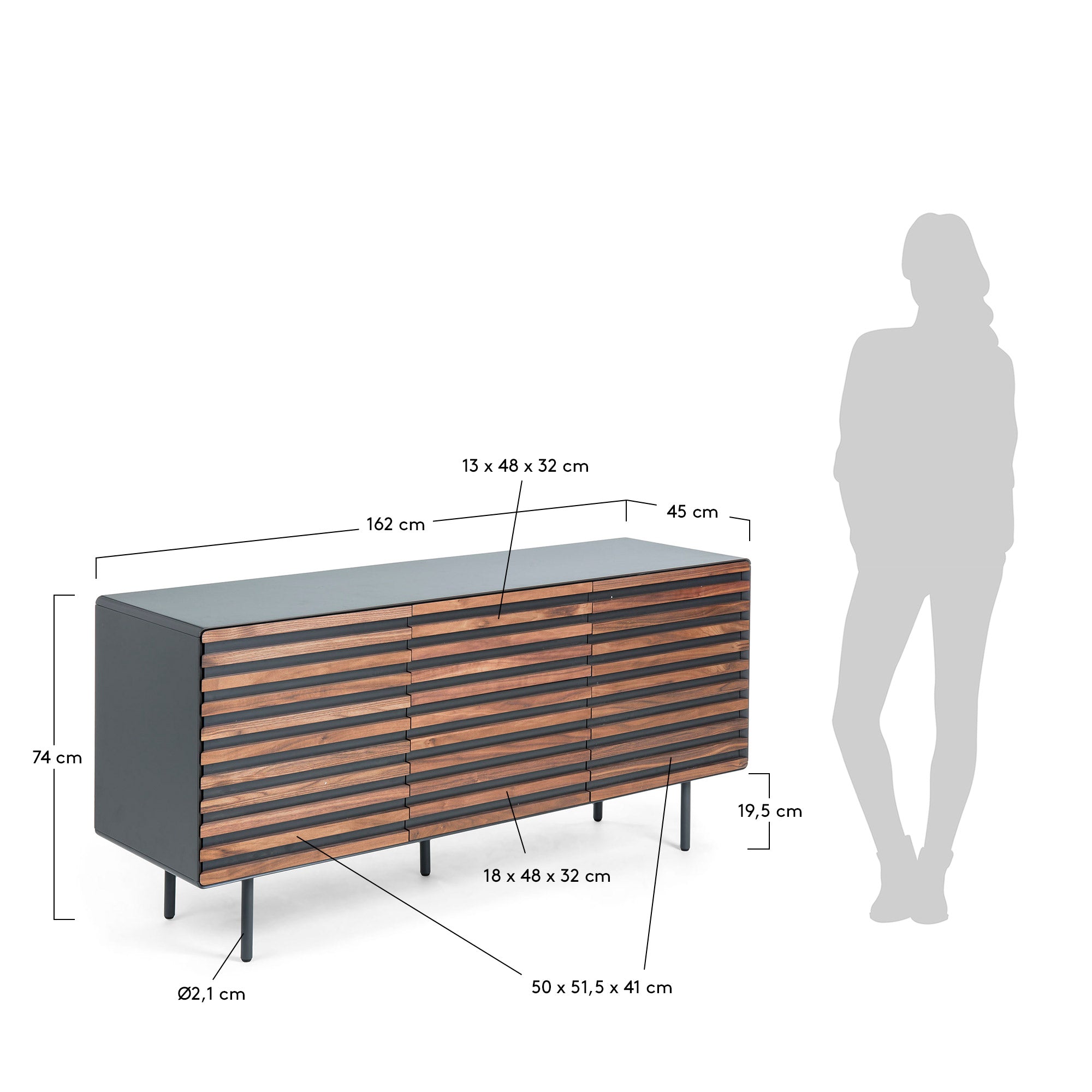 Kesia 2 Türen Nussholzfurnier und Stahl in Schwarz 162 x 74 cm in Schwarz präsentiert im Onlineshop von KAQTU Design AG. Sideboard ist von Kave Home