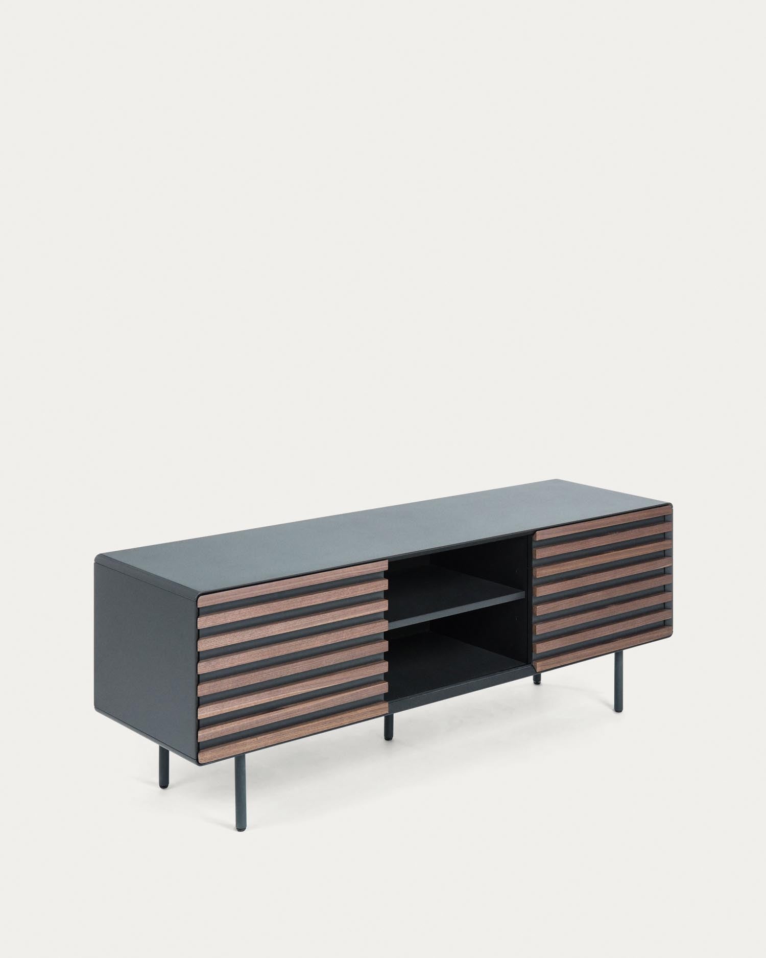 Kesia TV-Schrank 2 Türen Nussholzfurnier schwarze Lackierung Stahl in Schwarz 162 x 58 cm in Schwarz präsentiert im Onlineshop von KAQTU Design AG. Sideboard ist von Kave Home