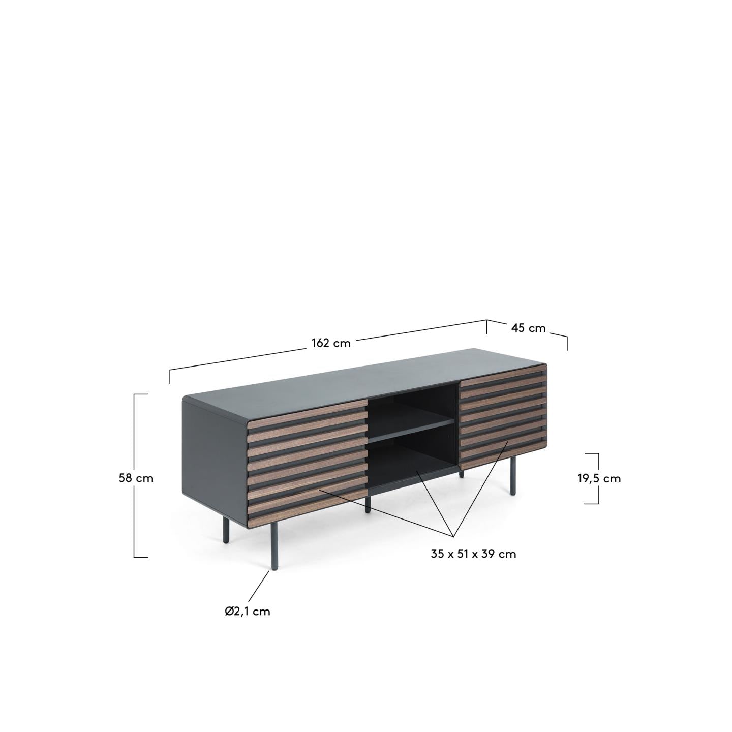 Kesia TV-Schrank 2 Türen Nussholzfurnier schwarze Lackierung Stahl in Schwarz 162 x 58 cm in Schwarz präsentiert im Onlineshop von KAQTU Design AG. Sideboard ist von Kave Home