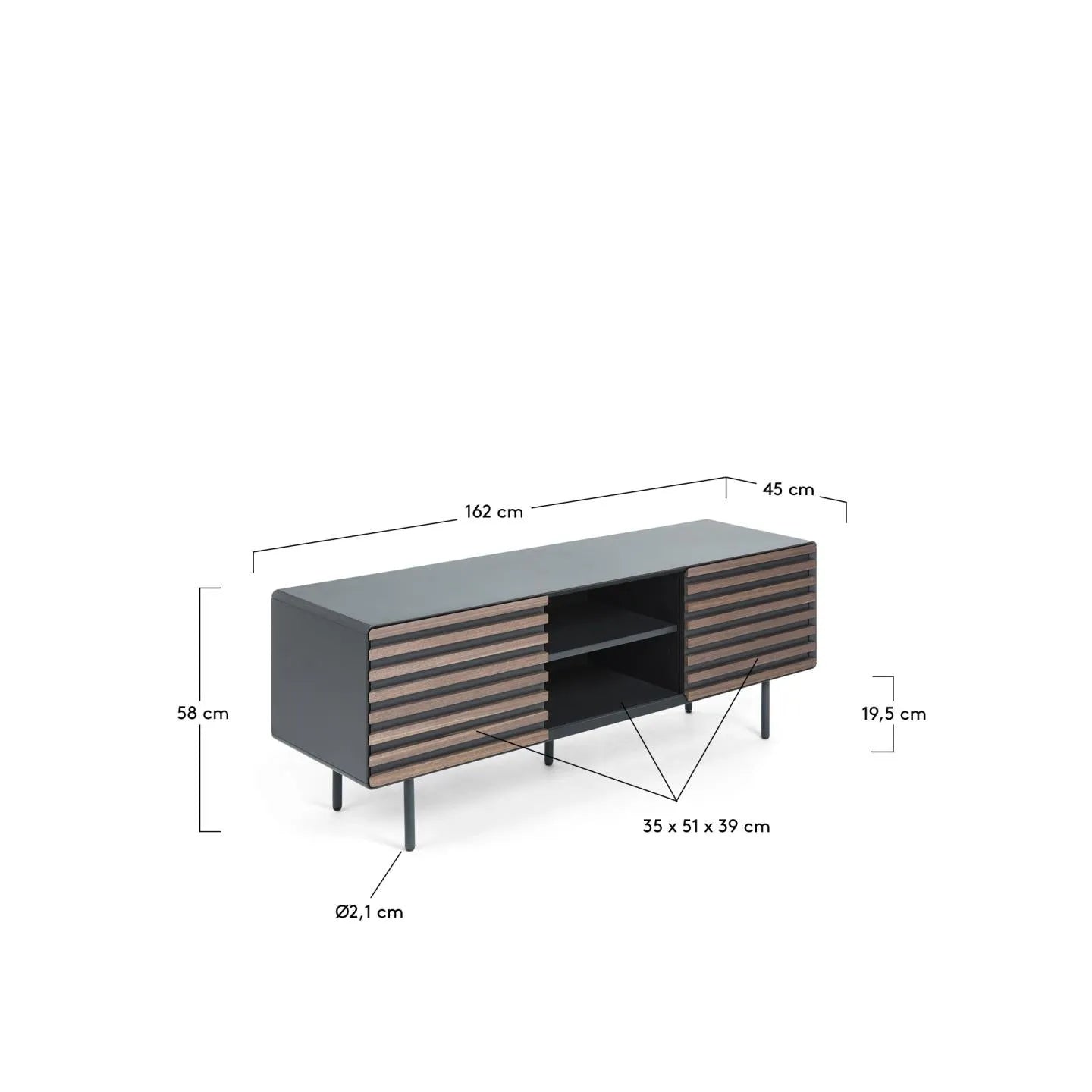 Eleganter TV-Schrank mit Walnussfurnier und schwarzer Lackierung, ideal für moderne Wohnräume. Maße: 162 x 58 cm.