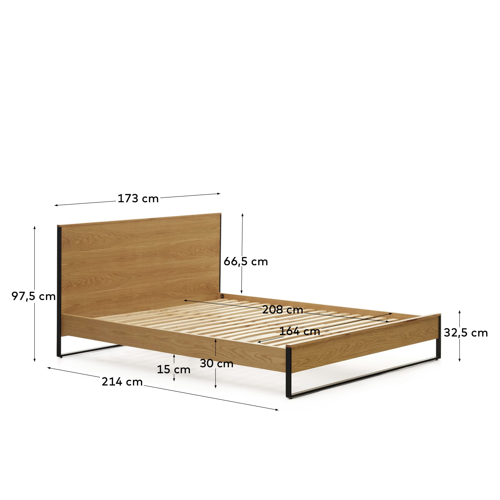 Taiana Bett aus Eichenfurnier und Stahlbeinen mit schwarzem Finish 160 x 200 cm in Braun präsentiert im Onlineshop von KAQTU Design AG. Bett ist von Kave Home